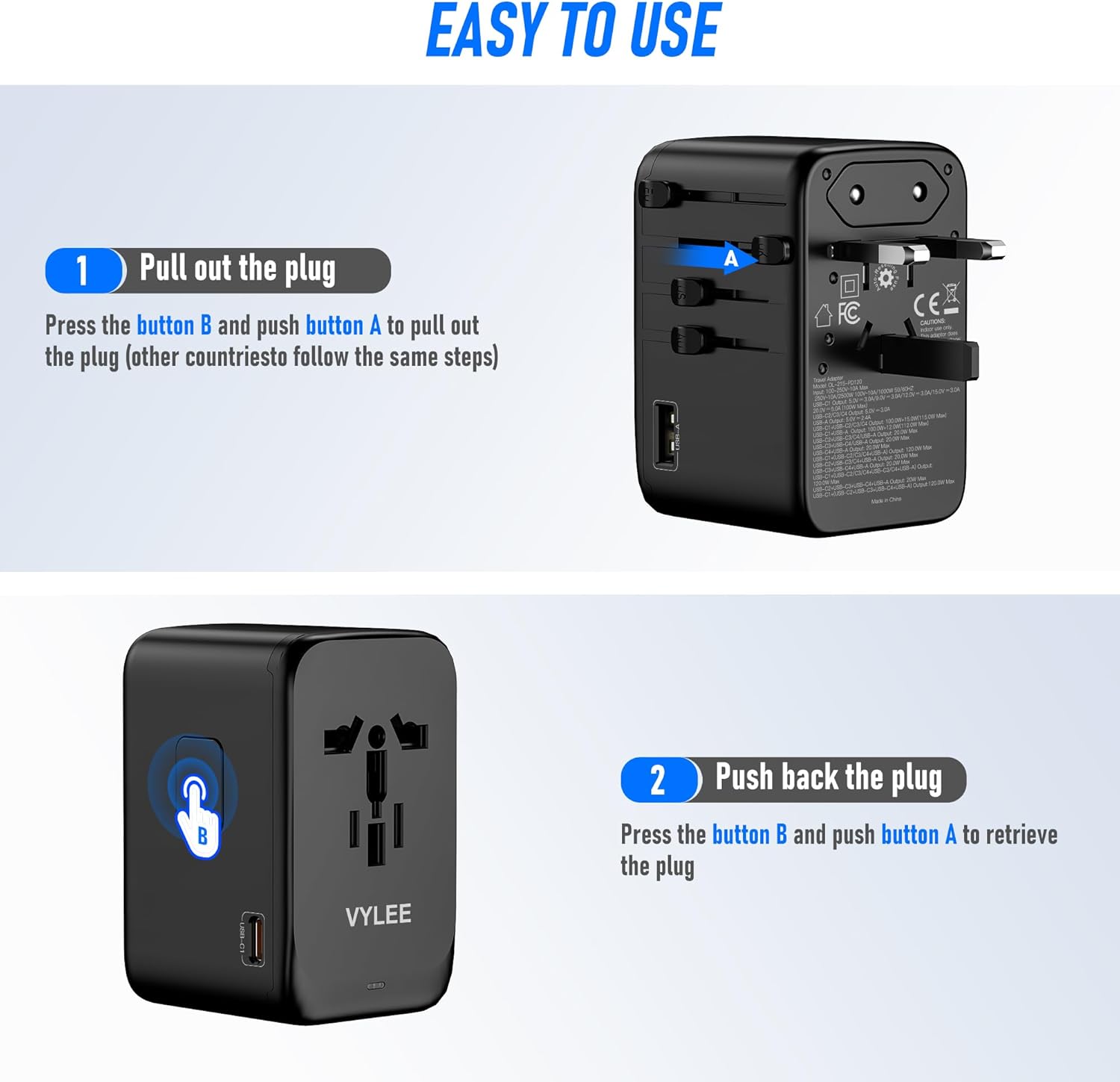 VYLEE 120W Universal Travel Adapter, GaN III International Power Adapter, 4 USB-C 1 USB-A Ports, AC Outlet, Worldwide US/UK/EU/AU Travel Charger for Cameras Laptops Tablets Phones and More - Image 5
