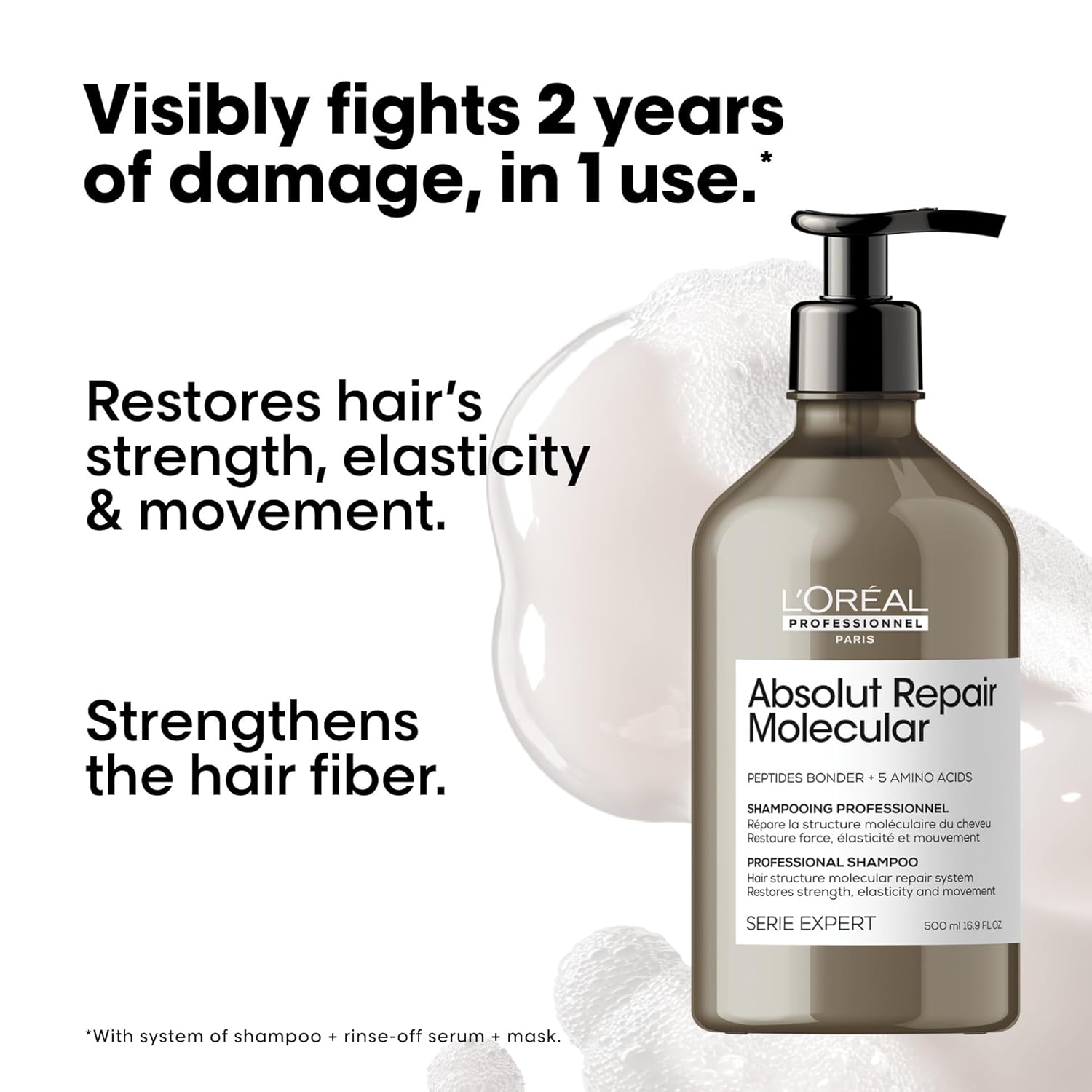 L'Oréal Professionnel Paris Absolut Repair Molecular Shampoo - Repairs Damage & Restores Strength For All Damaged Hair, With Peptide Bonder & Amino Acids, Sulfate-Free - Image 4