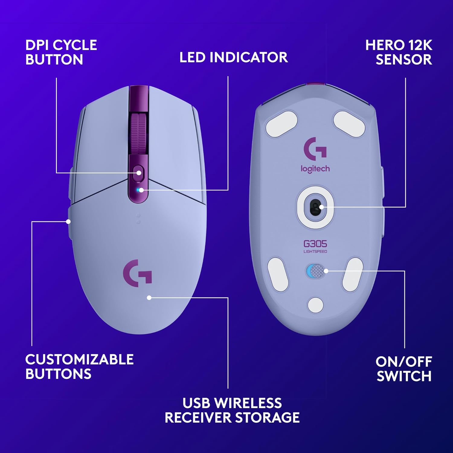 Logitech G305 Lightspeed Wireless Gaming Mouse, Hero Sensor, 12,000 DPI, Lightweight, 6 Programmable Buttons, 250h Battery, On-Board Memory, Compatible with PC, Mac - Lilac - Image 6