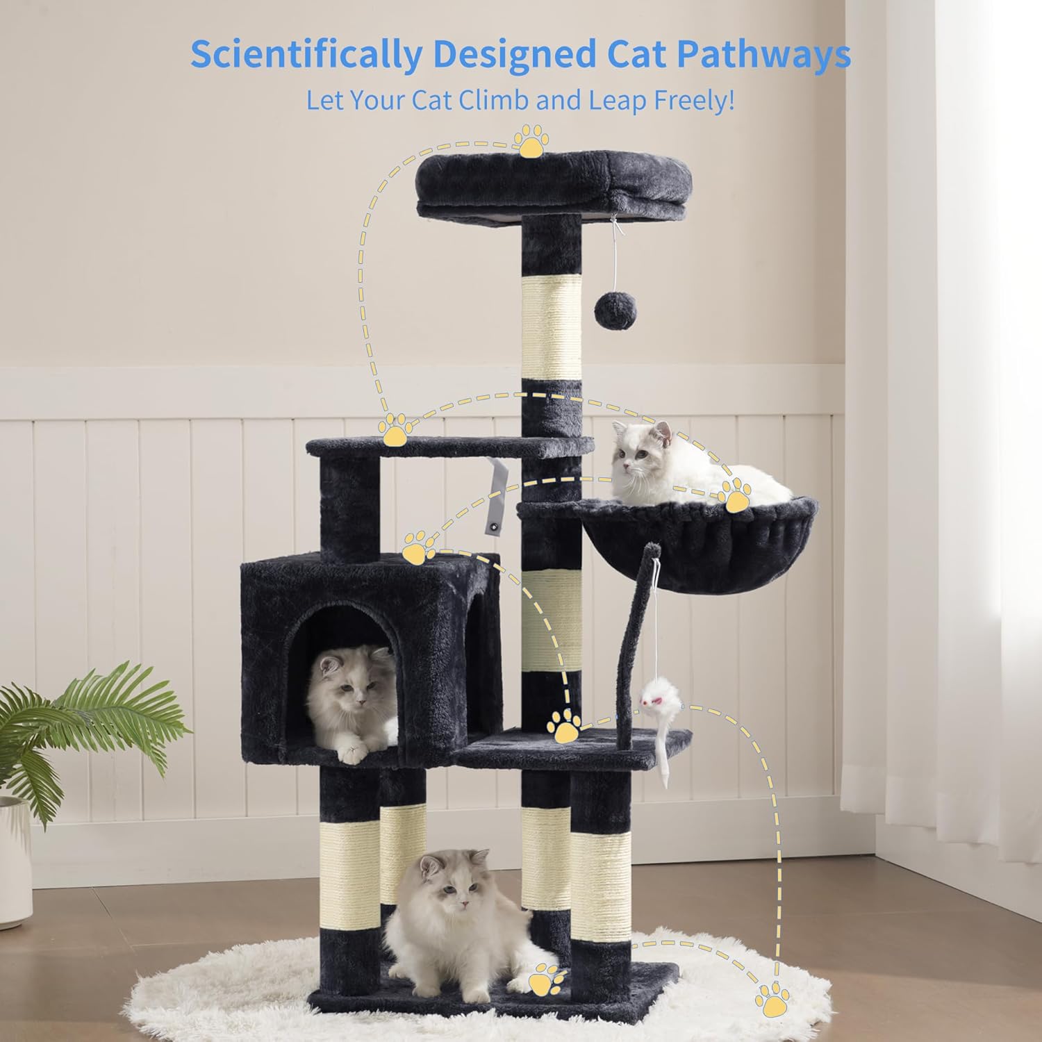 Heybly Cat Tree with Toy, Cat Tower Condo for Indoor Cats, Cat House with Padded Plush Perch, Cozy Hammock and Sisal Scratching Posts, Smoky Gray HCT004SG - Image 7