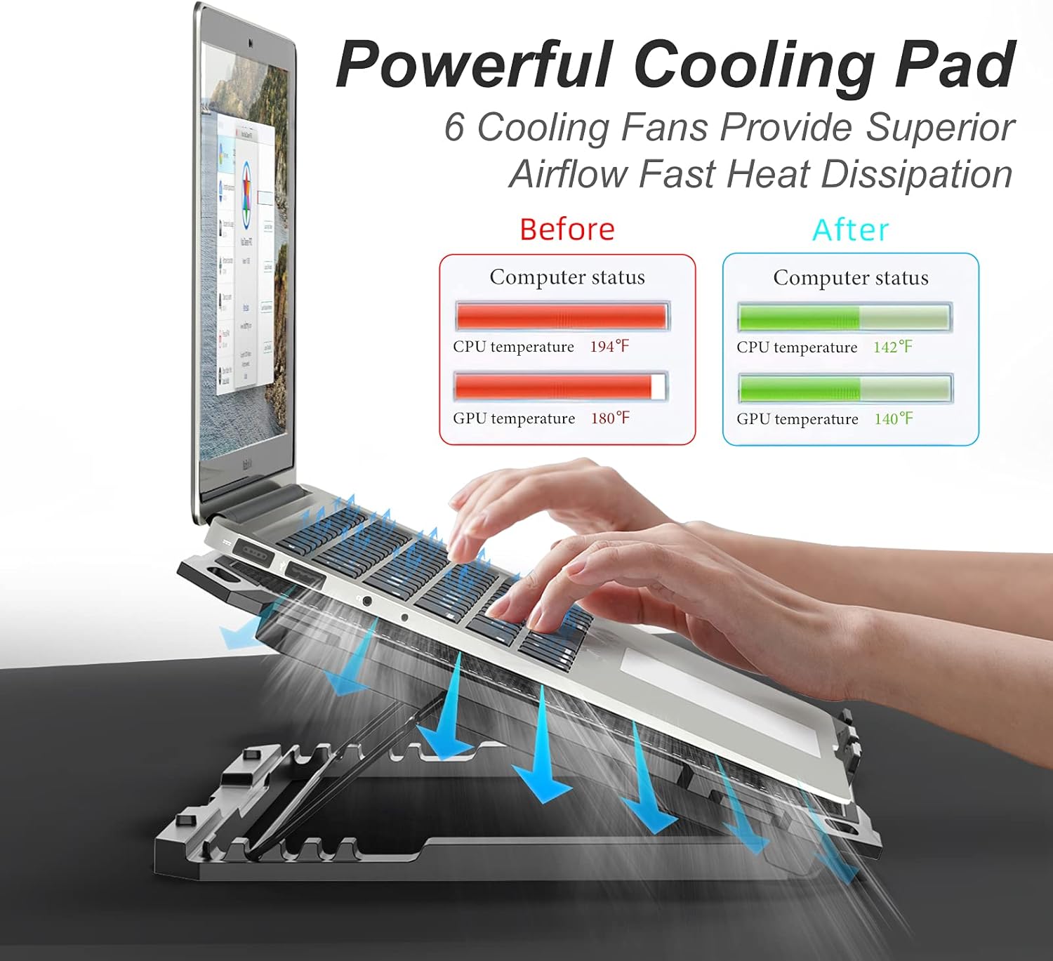 ICE COOREL Laptop Cooling Pad with 6 Cooling Fans, Cooling Pad for Laptop Fan 13-15.6 Inch, Laptop Cooler Stand with 6 Height Adjustable, Notebook Cooler Pad with Two USB Port - Image 2