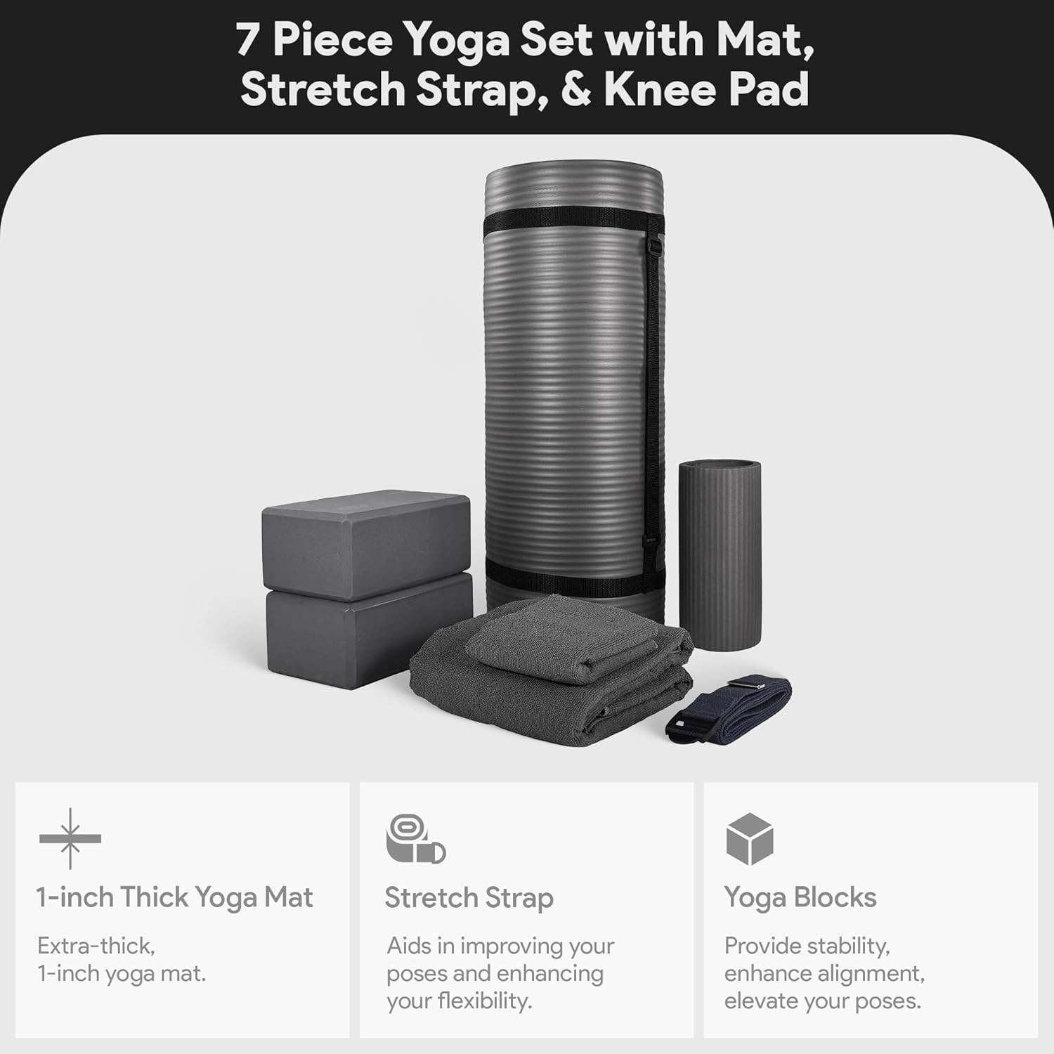 BalanceFrom 7-Piece Yoga Set with 71x24x0.5 Inches Extra Thick Mat and Carrying Sling – Includes 2 Blocks, Stretch Strap, 2 Towels, and Knee Pad for Home, Studio, and Gym Workouts - Image 2