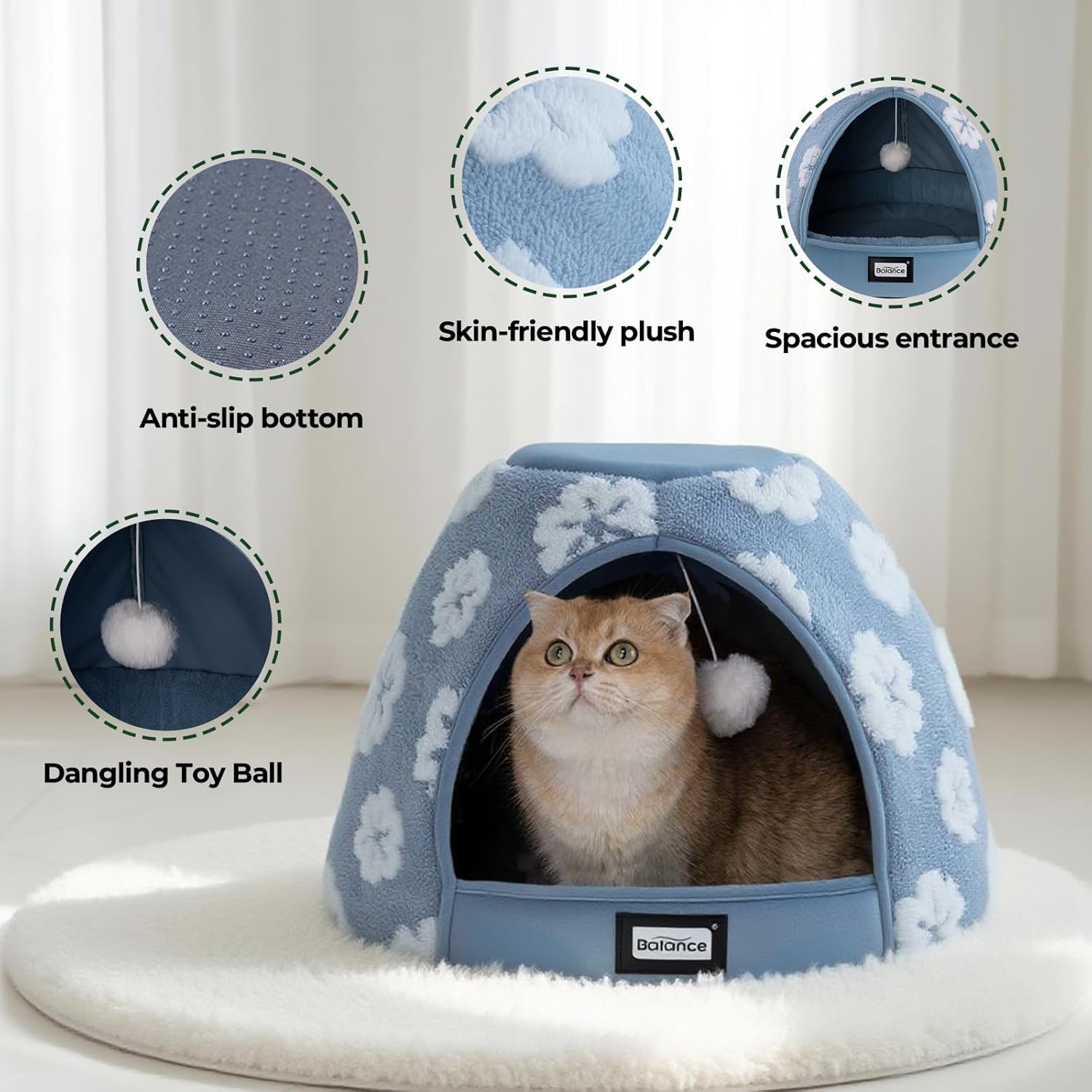 BALANCE Cat Beds for Indoor Cats, 2-in-1 Cat Bed Cave with Anti-Slip Bottom and Ultra-Soft Plush, Cozy Cats House Tent for Kittens and Small Dogs, 19 Inches, Blue - Image 4