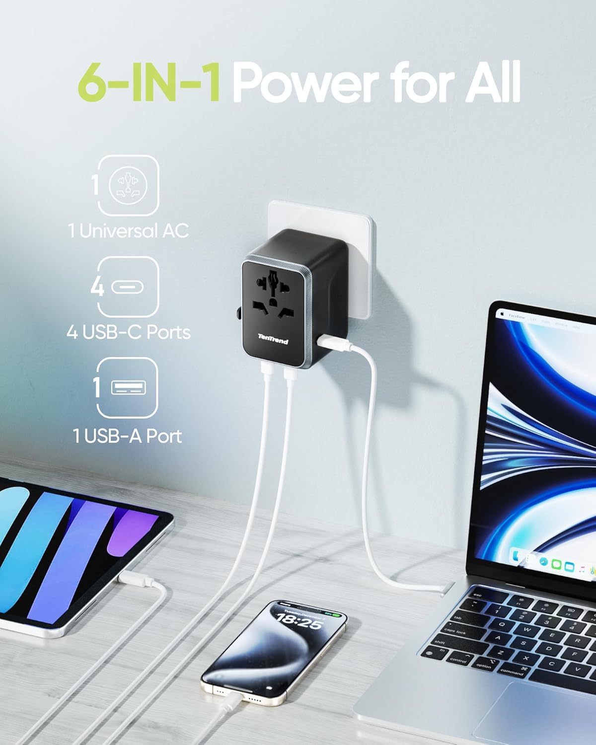 TenTrend Universal Travel Adapter, 30W International Power Adapter with 4 USB-C & 1 USB-A Ports, European Travel Plug Adapter, Worldwide Travel Essentials for EU UK AUS USA - Image 2