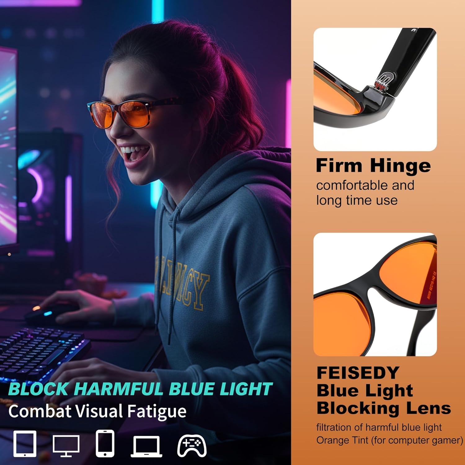 FEISEDY Orange/Red Classic Blue Light Blocking Glasses for Women Men, Gaming Computer Sleep Eyeglasses B0339 - Image 3