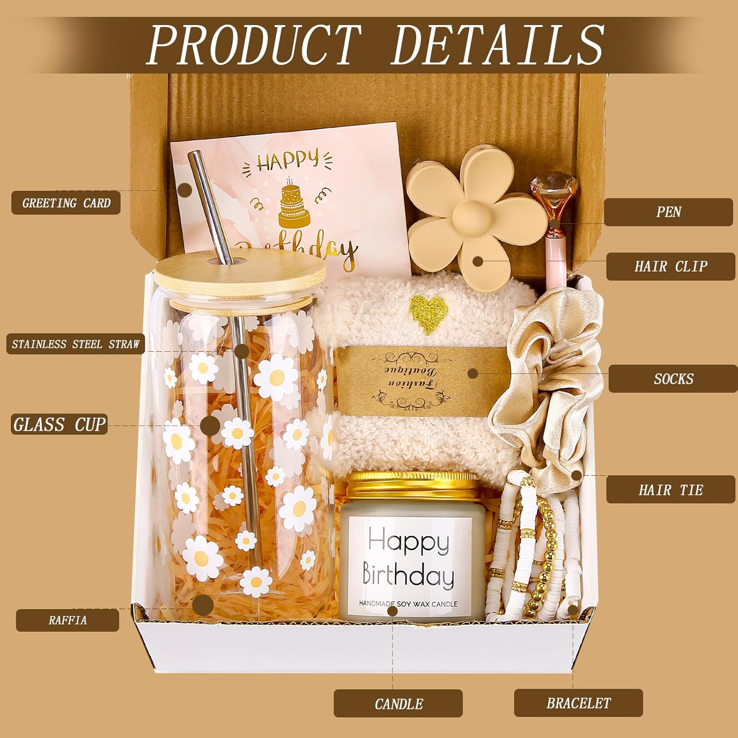 DHQH Birthday Gifts for Teen, Cute Inspirational Gift Daisy Presents Set Ideas for Sister Daughter Friends, Happy Birthday Gift Basket with Ice Glass Cup for Her (Beige) - Image 3