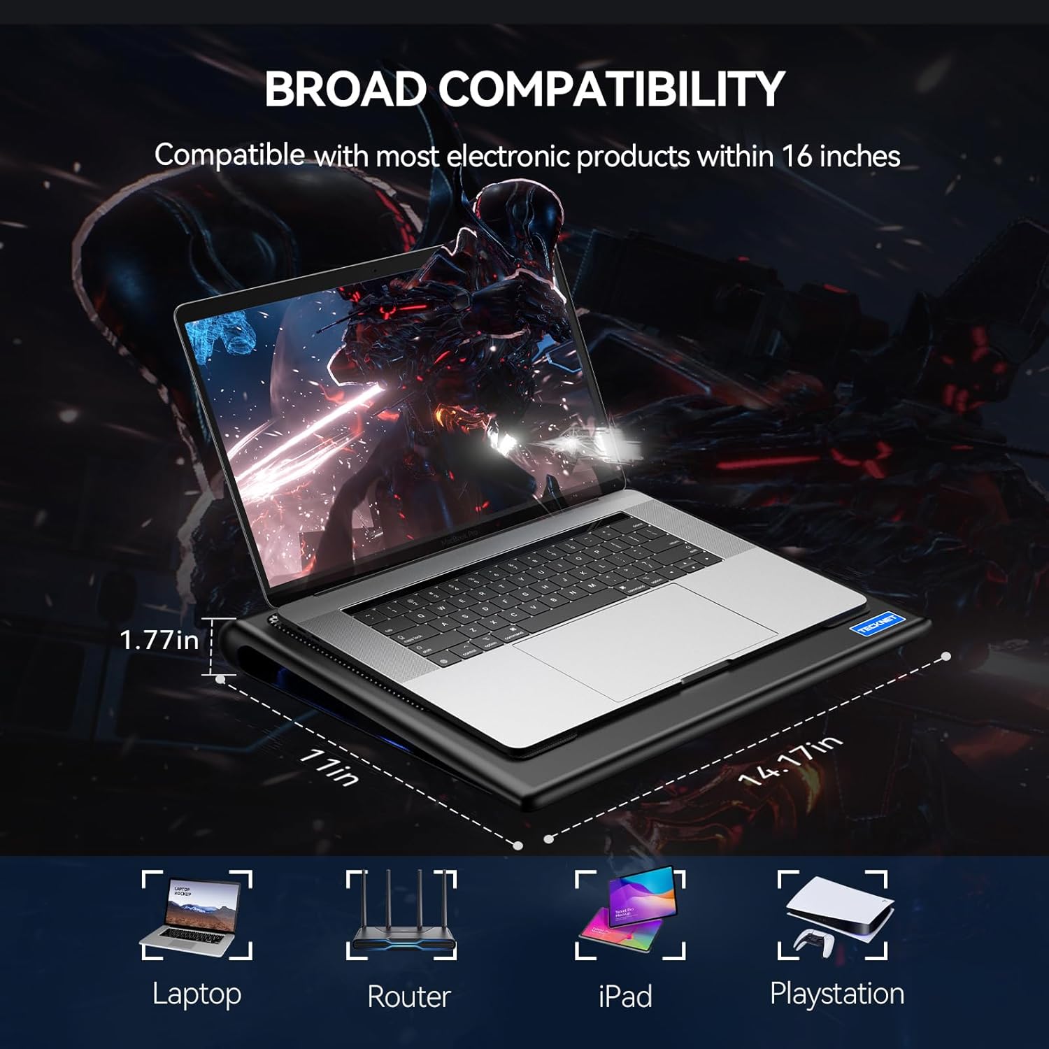 TECKNET Laptop Cooling Pad - 12"-15.6" Laptops Cooler, Powerful Cooler and Ultra Quiet for Gaming Laptops Pad, 2 Wind Speed Adjustable, USB A & C Powered Cooler Stand with Laptop Fan LED (Blue) - Image 5