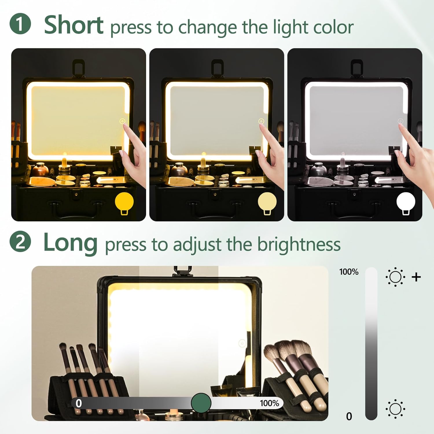 Makeup Case with Lighted Mirror, Makeup Box Organizer with Detachable LED Mirror, Travel Makeup Train Case, Waterproof Cosmetic Organizer, Standing Makeup Brush Holder, Gift, Black Green - Image 5