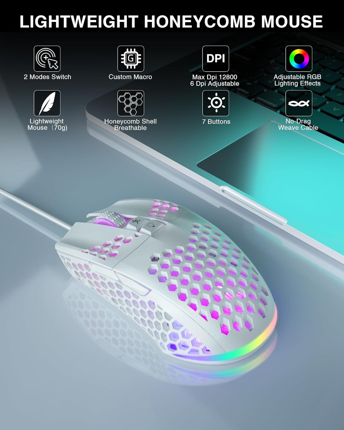 SOLAKAKA SM900 Gaming Mouse Wired with RGB,Adjustable 12800 DPI Wired Gaming Mouse with Side Buttons,Computer Mouse for Laptop/PC,White - Image 2