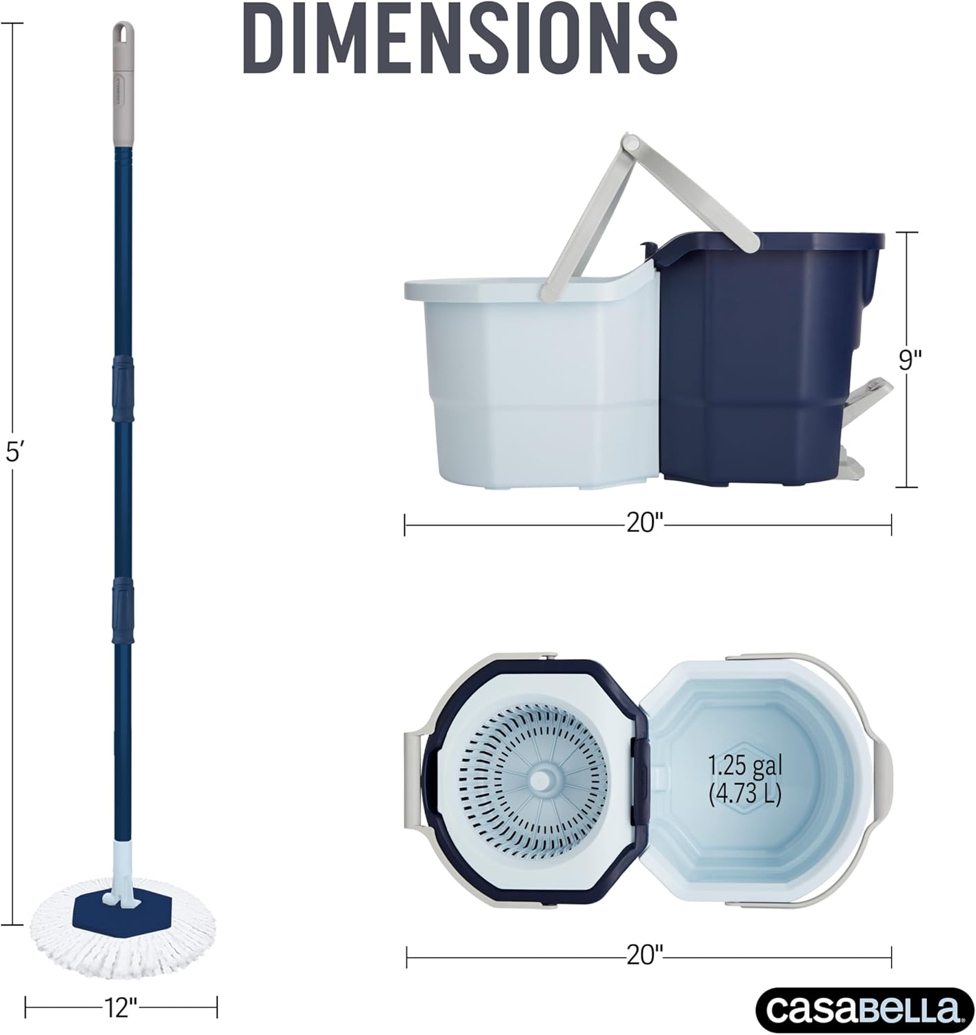 Casabella Spin Mop System with Extra Mop Head Refill - Two-Bucket Design with Splash Guard Built-in Measuring Cup and Scraper Tool with Easy Wring Pedal Spinner, 1.25-Gallon, Blue - Image 5