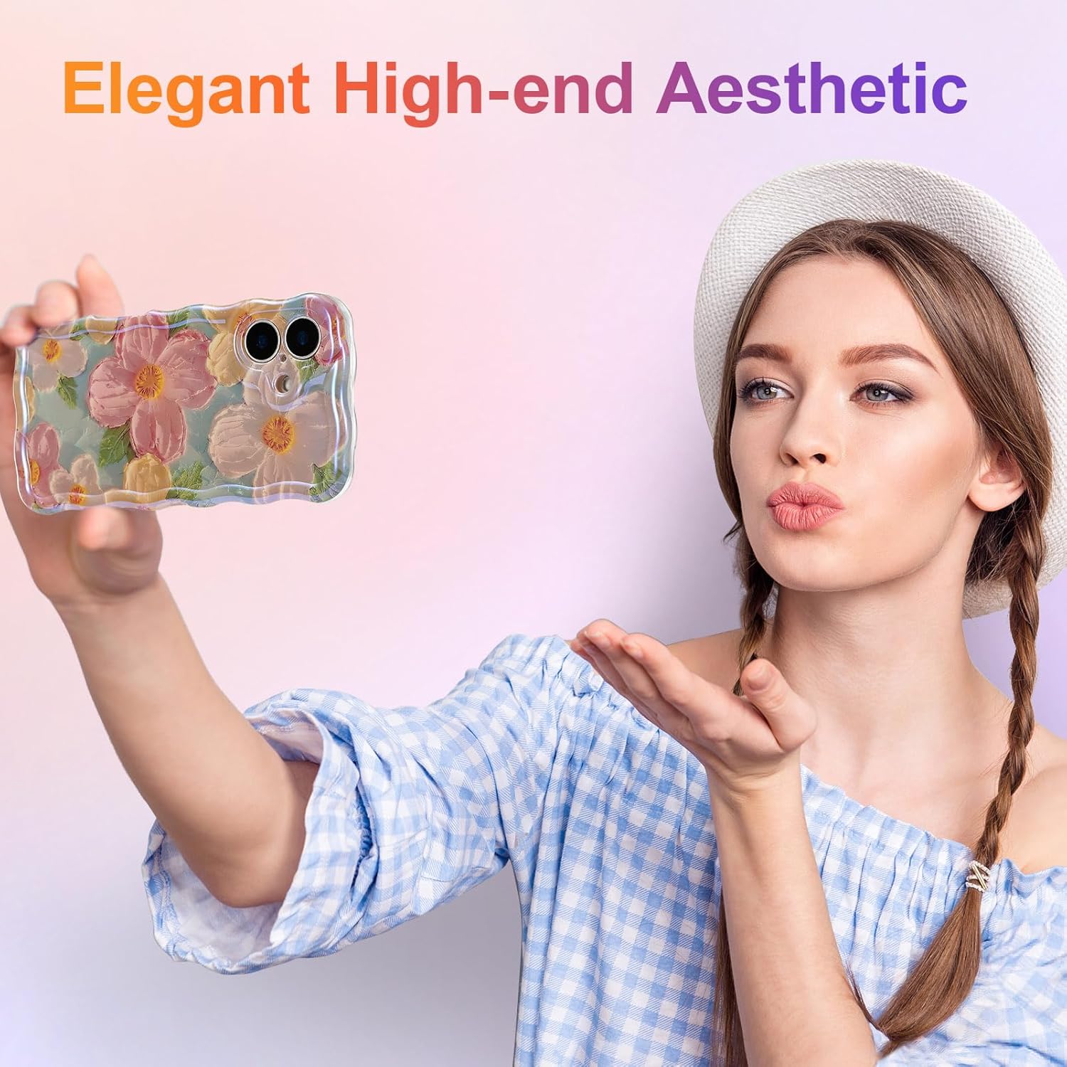 EYZUTAK Case for iPhone 16, Colorful Retro Oil Painting Printed Flower Laser Glossy Pattern Cute Curly Wave Edge Exquisite Phone Cover Stylish Durable TPU Protective Case for Girl Women-Green - Image 7