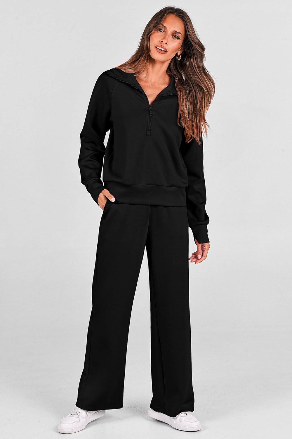PRETTYGARDEN Women's 2 Piece Outfits Casual Lapel Half Zip Sweatshirts and Wide Leg Pants Tracksuit Sets - Image 5