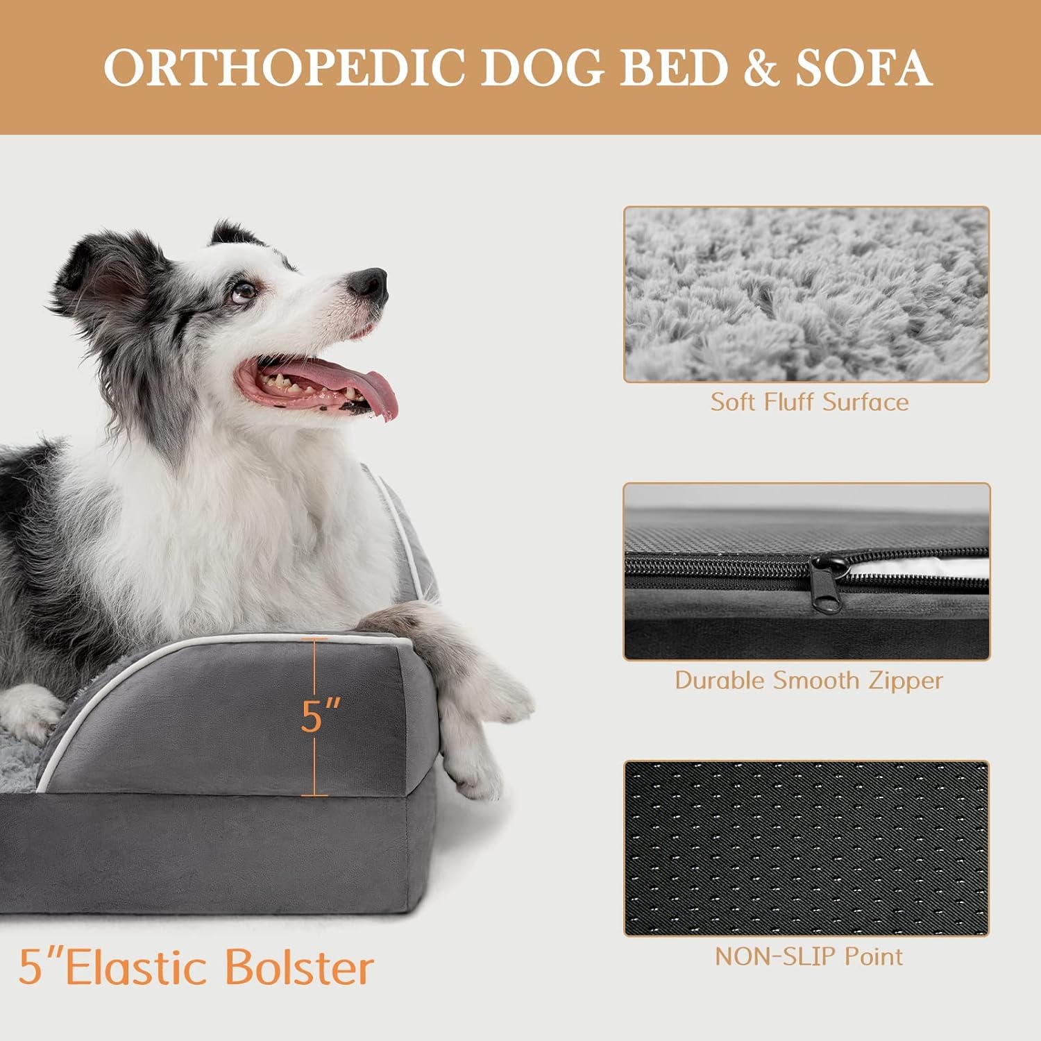 Comfort Expression Orthopedic Dog Bed for Extra Large Dogs 42x30 Inch, Waterproof Egg Crate Foam XL Pet Bed with Removable Bolsters, Dog Couch with Washable Cover & Non-Slip Bottom, Grey - Image 7