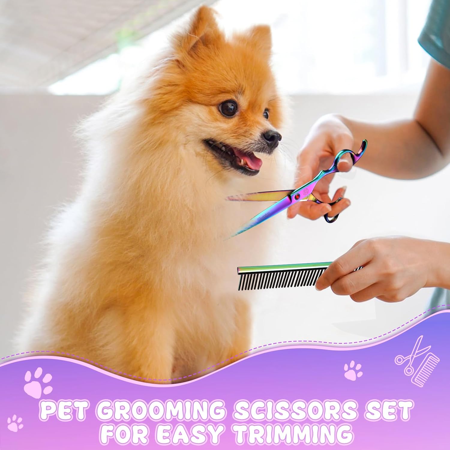 Professional Dog Grooming Scissors Set, 7 Inch/8 Inch Pet Grooming Scissors Chunkers Shears for Dog, Curved Dog Grooming Scissors, Thinning Shears for Dog with Grooming Comb - Image 2