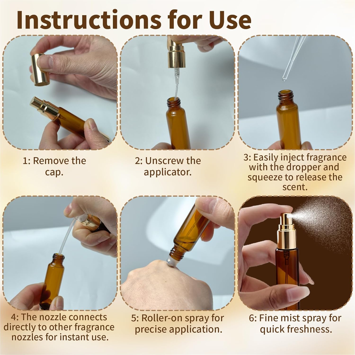 Double Ended Perfume Bottle With Roller Ball &Spray:4 PCS 10ml Amber Refillable Leakproof Travel Atomizer Facial Care with Funnel Tool for Perfume,Cologne,Essential Oils - Image 6