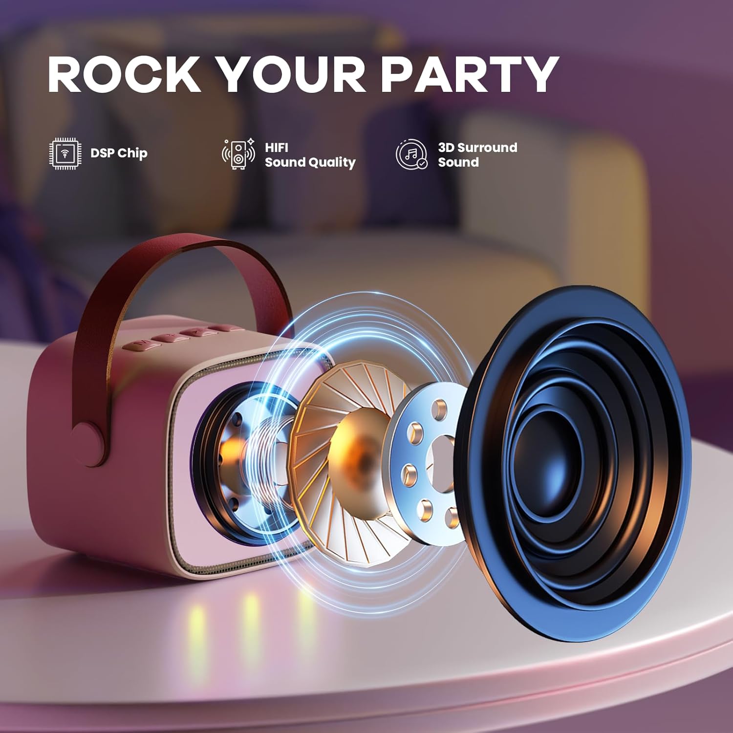 YLL Mini Karaoke Machine for Kids Adults, Portable Bluetooth Speaker with 2 Wireless Microphones, Trendy Birthday Gifts Toys for Girls Ages 3, 4, 5, 6, 7, 8, 9, 10+ Years Old Home Family Party (P-ink) - Image 3