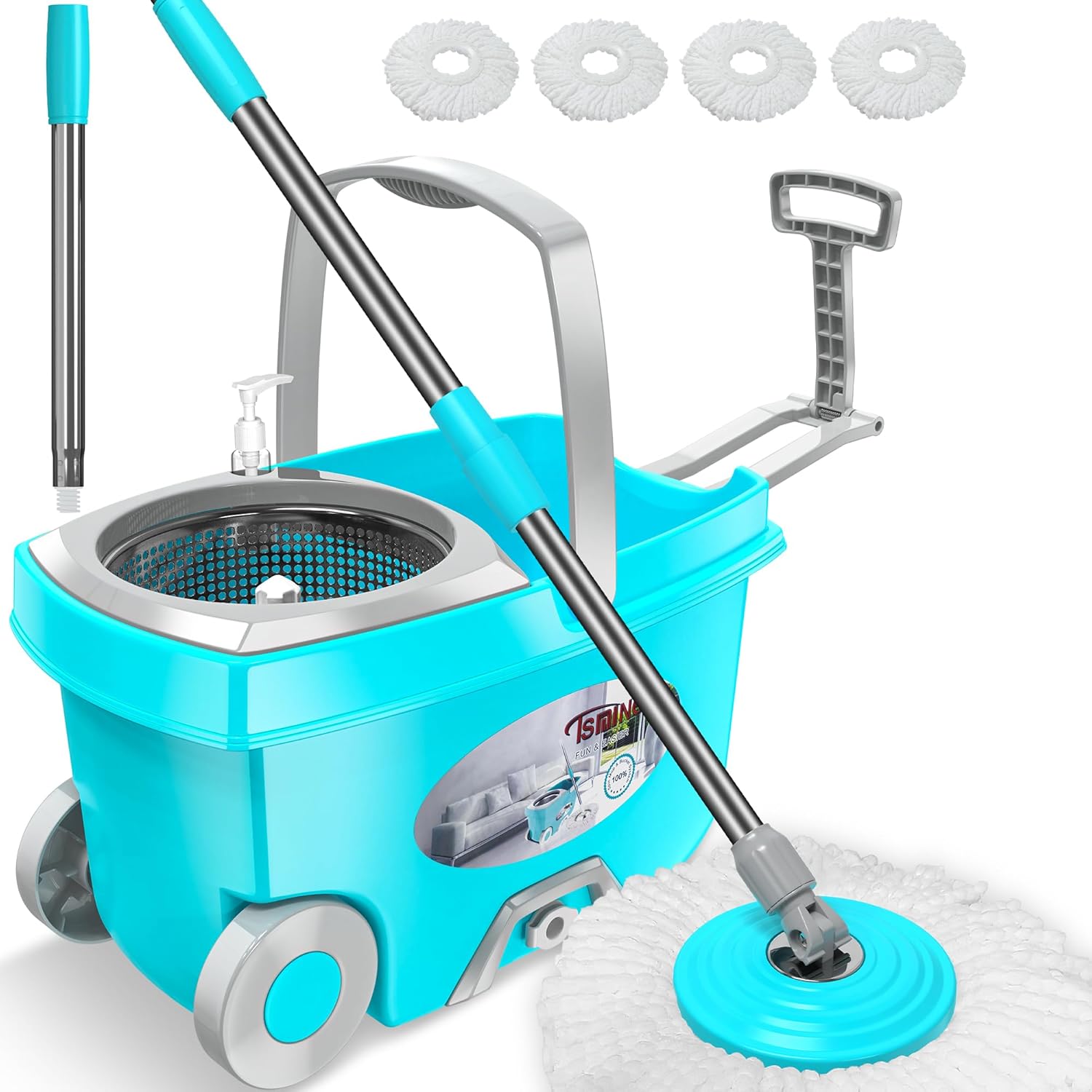 FunClean Spin Mop and Bucket,Mop and Bucket with Wringer Set for Home,360 Spinning Mopping Floor Cleaning Tool with 4 Microfiber Replacement Head Refills,61" Extended Handle, 2X Wheel - Blue - Image 8
