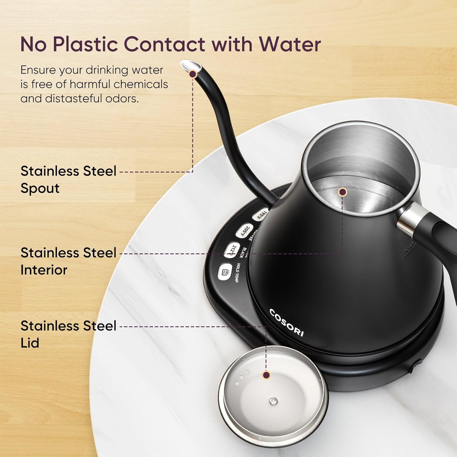 COSORI Electric Gooseneck Kettle with 5 Temperature Control Presets, Pour Over Kettle for Coffee & Tea, Hot Water Boiler, 100% Stainless Steel Inner Lid & Bottom, 1200W/0.8L - Image 6