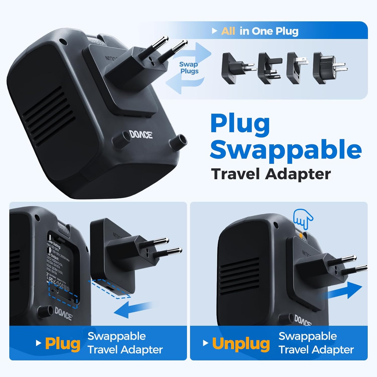 DOACE 2000W Voltage Converter US to Europe - 220V to 110V Converter for European Travel, Power Converter Adapter Combo with 2 PD/2 QC/EU/UK/AU/IT Travel Plugs for Hair Dryer Laptop, Camera, Cell Phone - Image 8