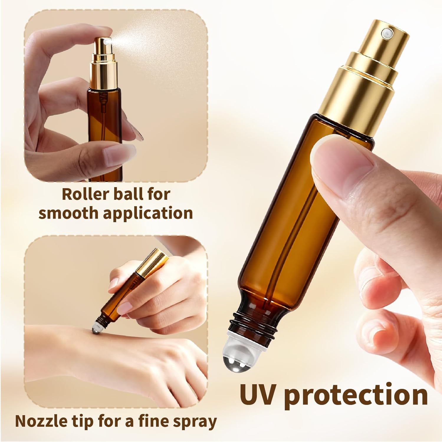 Double Ended Perfume Bottle With Roller Ball &Spray:4 PCS 10ml Amber Refillable Leakproof Travel Atomizer Facial Care with Funnel Tool for Perfume,Cologne,Essential Oils - Image 3