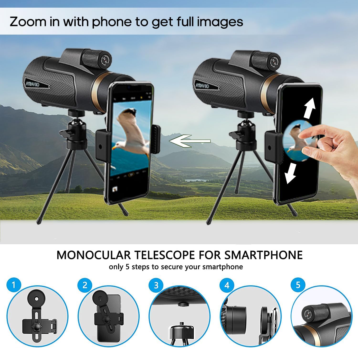 Birthday Gifts for Men Dad Husband Him Young, 12x60 Powerful Monocular Telescope with Phone Adapter & Tripod, SMC & BAK4 Prism, for Fathers Day, Hiking Gifts for Outdoors Lover - Image 3