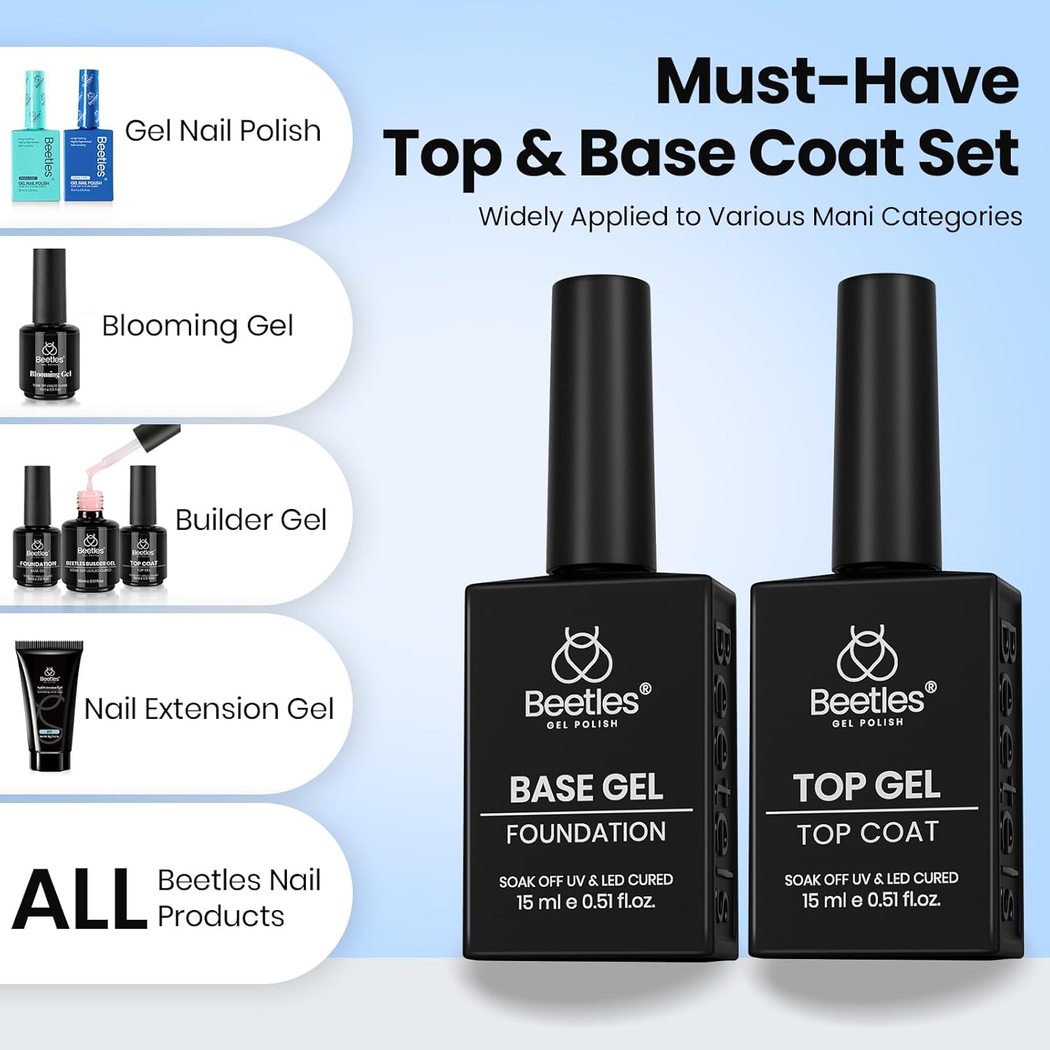 Beetles No Wipe Gel Top Coat and Base Coat Set for Gel Nail Polish - 2Pcs 15ml Super Shiny and Long Lasting Soak Off UV/LED Lamp Nail Art Design Gift - Image 6