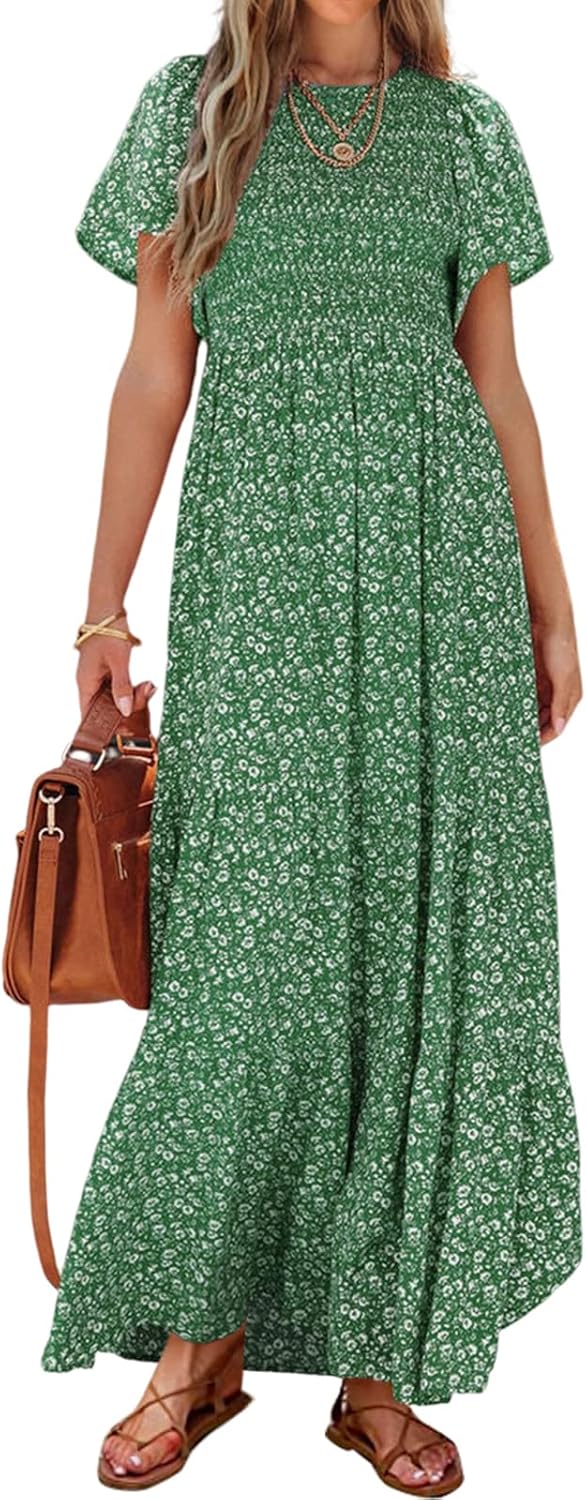PRETTYGARDEN Women's 2026 Summer Casual Flutter Short Sleeve Boho Floral Maxi Dress Crew Neck Smocked Tiered Long Dresses