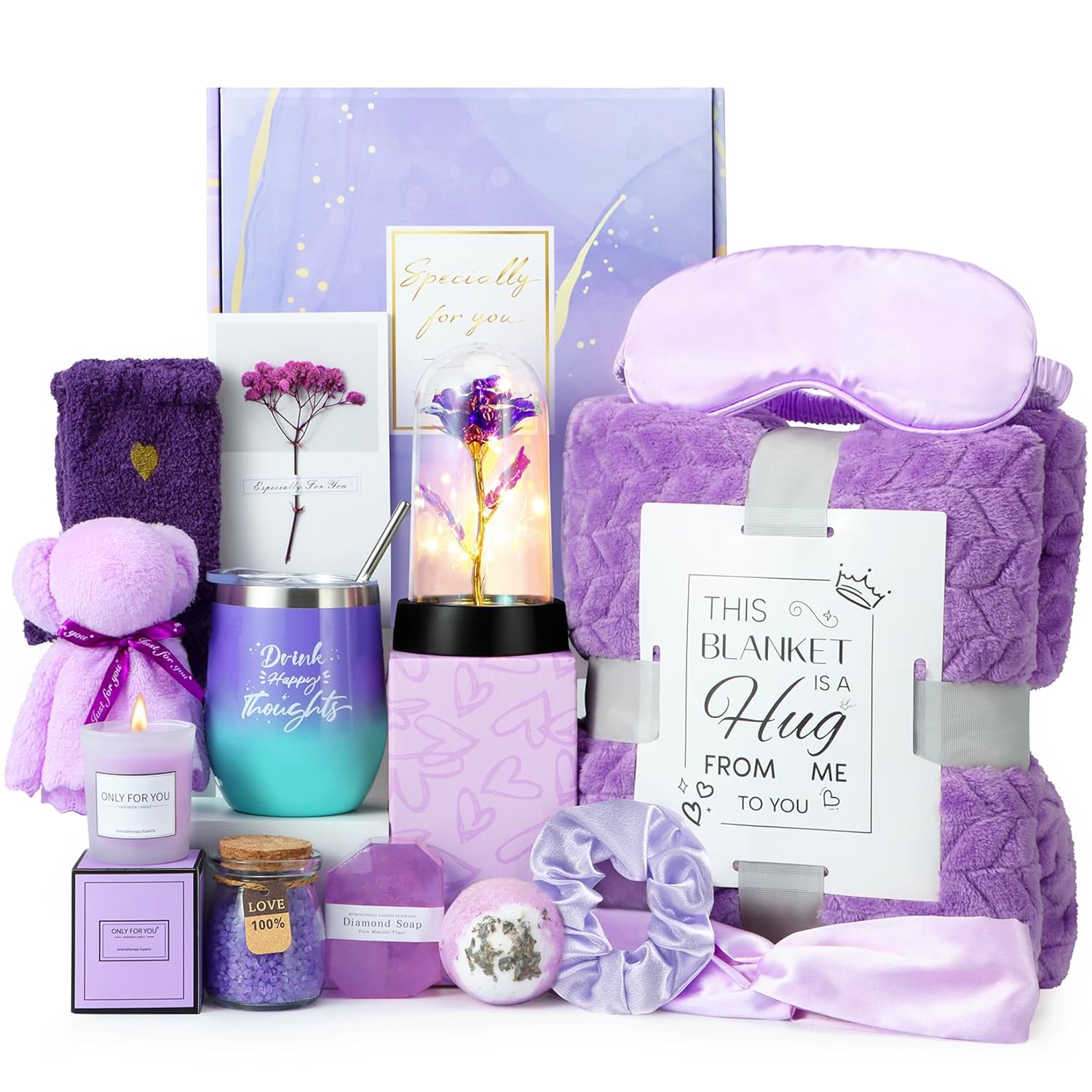 Birthday Gifts for Women, Relaxing Spa Gifts Care Package with Luxury Flannel Blanket, Light-Up Rose Flower, Unique Mothers Day Gifts for Mom, Wife, Grandma, Sister, Friends