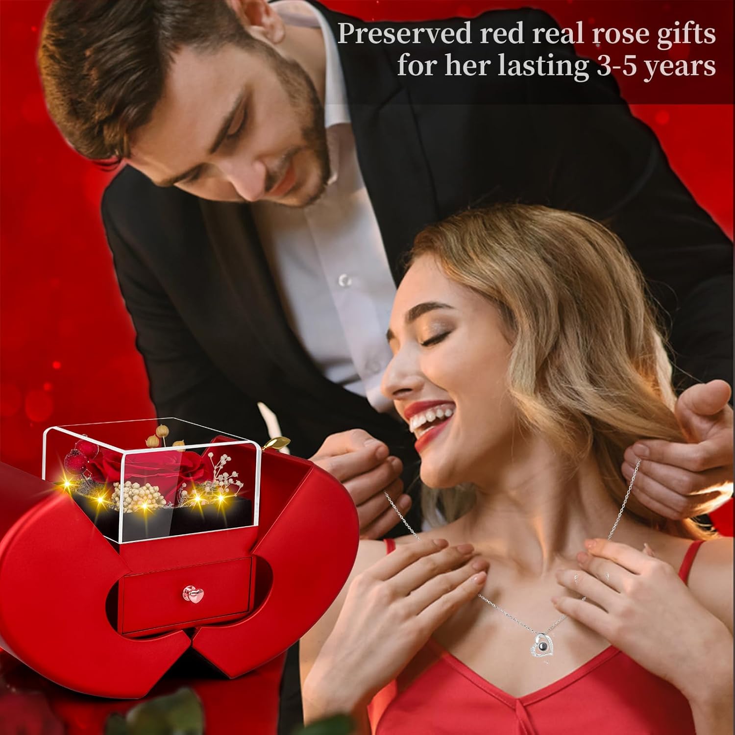 Preserved Red Real Rose with I Love You Necklace, Mothers Day Gifts for Mom Women Her Wife Girlfriend Grandma Birthday Mothers Day Valentines Christmas Anniversary Romantic-Red - Image 7
