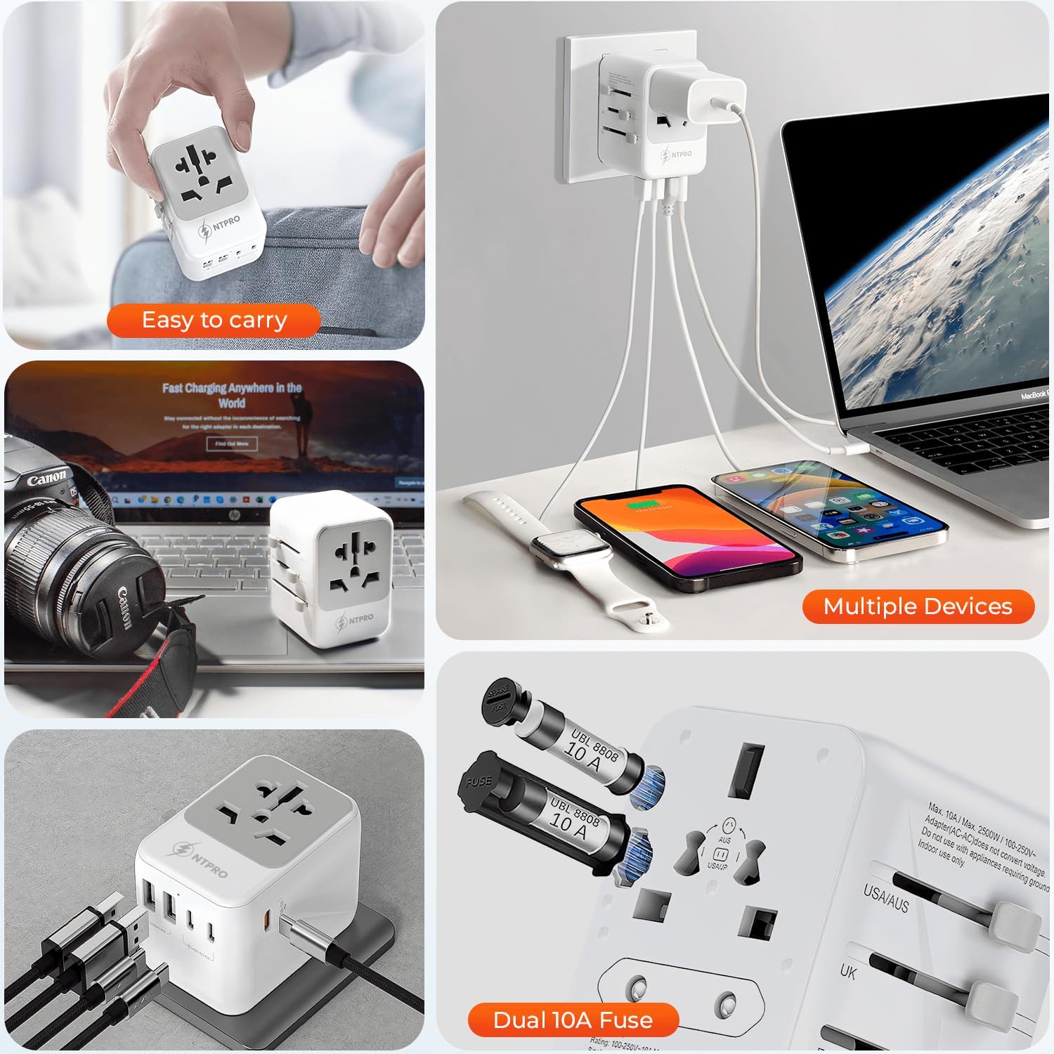6 in 1 Universal Travel Adapter-10A | International Power Adapter with 3 USB C, 2 USB A Ports | 2500W Fast Portable Charger | Travel Adapter Worldwide Covering 200+ Countries- White - Image 7