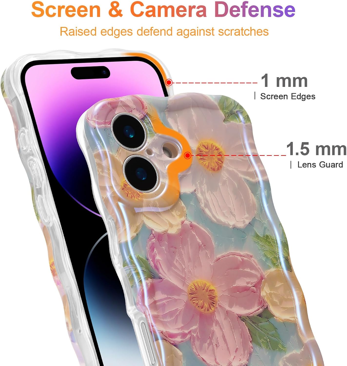 EYZUTAK Case for iPhone 16, Colorful Retro Oil Painting Printed Flower Laser Glossy Pattern Cute Curly Wave Edge Exquisite Phone Cover Stylish Durable TPU Protective Case for Girl Women-Green - Image 4