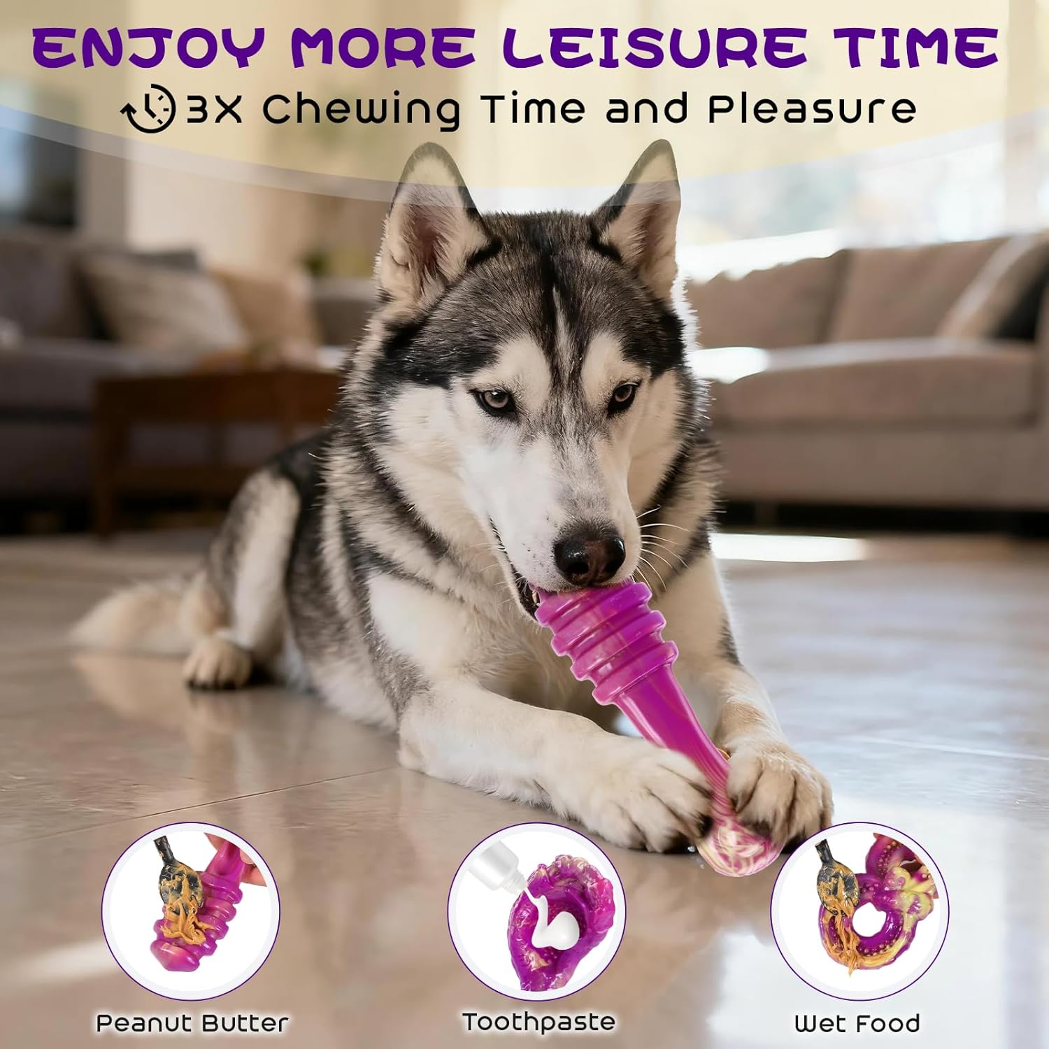 WinTour Dog Chew Toys for Aggressive Chewers 3 Pack, Indestructible Dog Toy to Keep Them Busy, Tough Dog Toys for Aggressive Chewers for Small, Medium and Large Breeds, Beef Flavor, Purple - Image 5