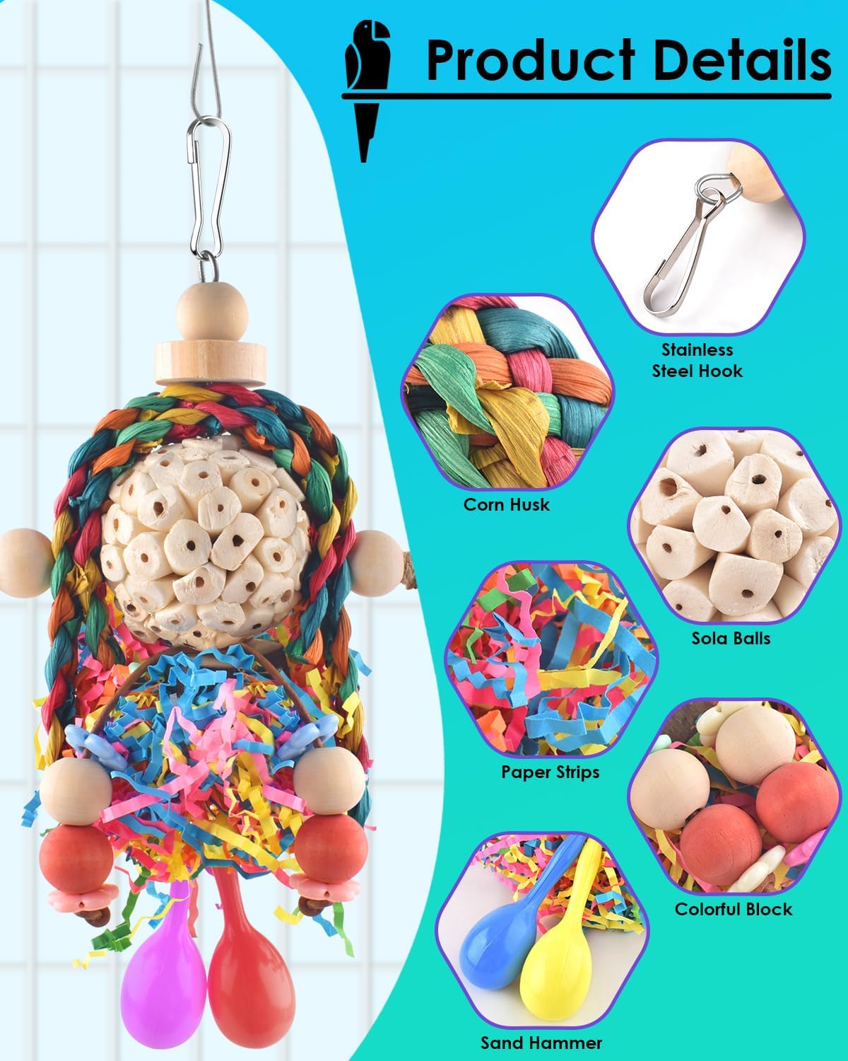 Bissap Conure Toys, 2PCS Bird Parrot Foraging Shredder Hanging Toys Sola Balls with Sand Hammer for Small Parrots Parakeets Conures Cockatiels Love Birds Cage Toy - Image 3