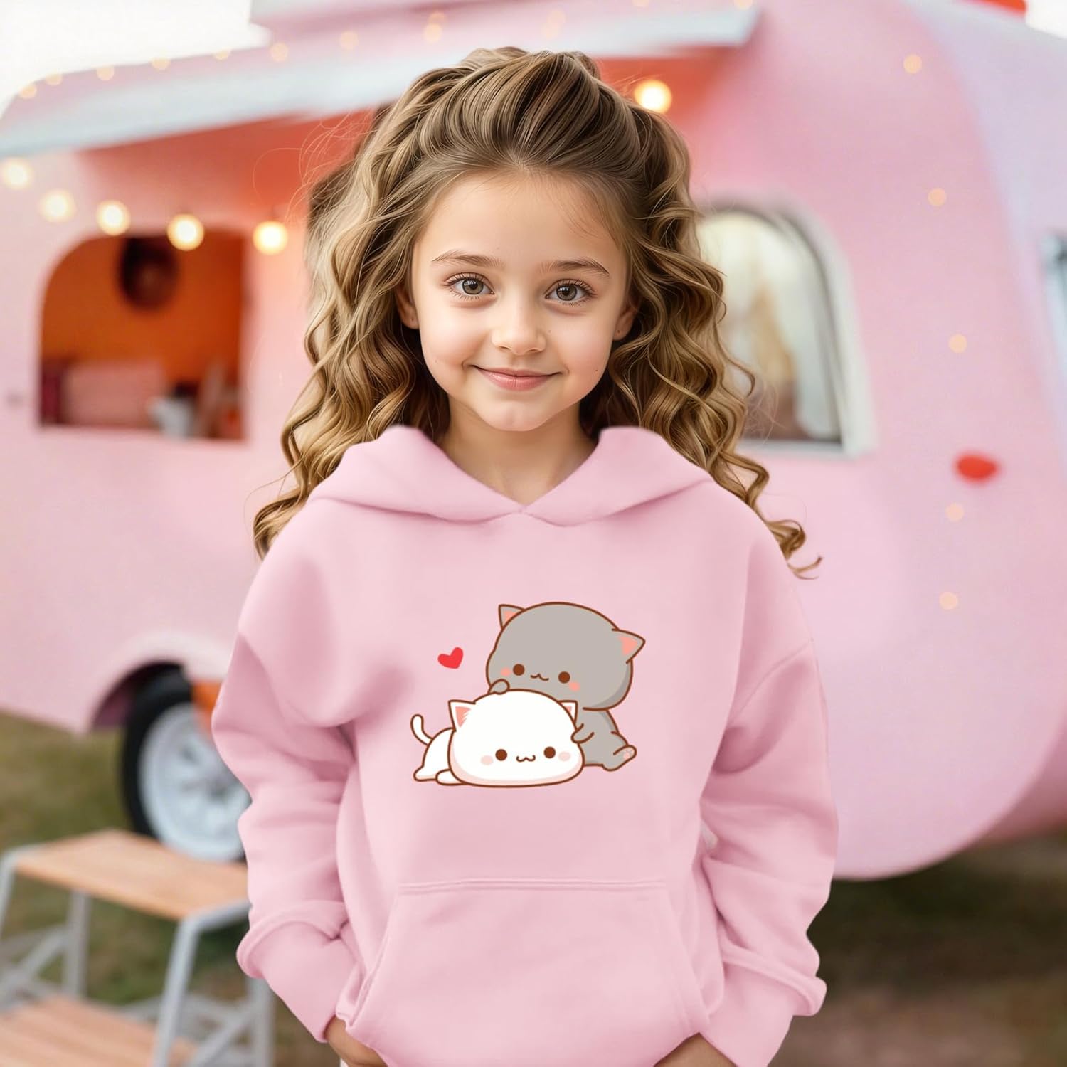 KEEVICI Cute Cat Hoodie For Girls Kawaii Graphic Sweatshirt Kids Cartoon Animal Print Hoodies Cotton Pullover With Pocket - Image 3