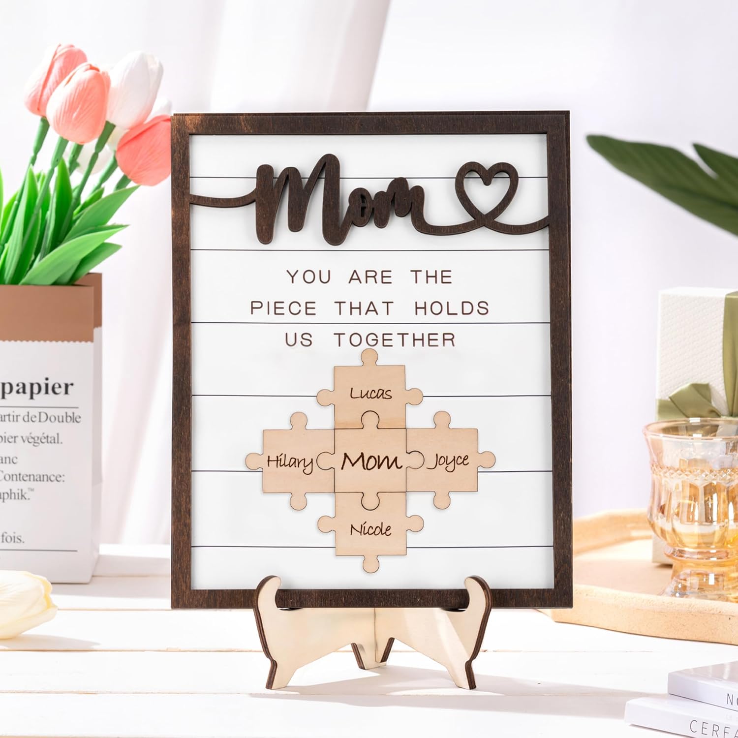 Personalized Mom Puzzle Piece Sign Gift, You are The Piece That Holds Us Together Plaque with Family Names, Grandparents Day Wood Sign, Birthday Gifts for Mommy from Daughter and Son (Mom)