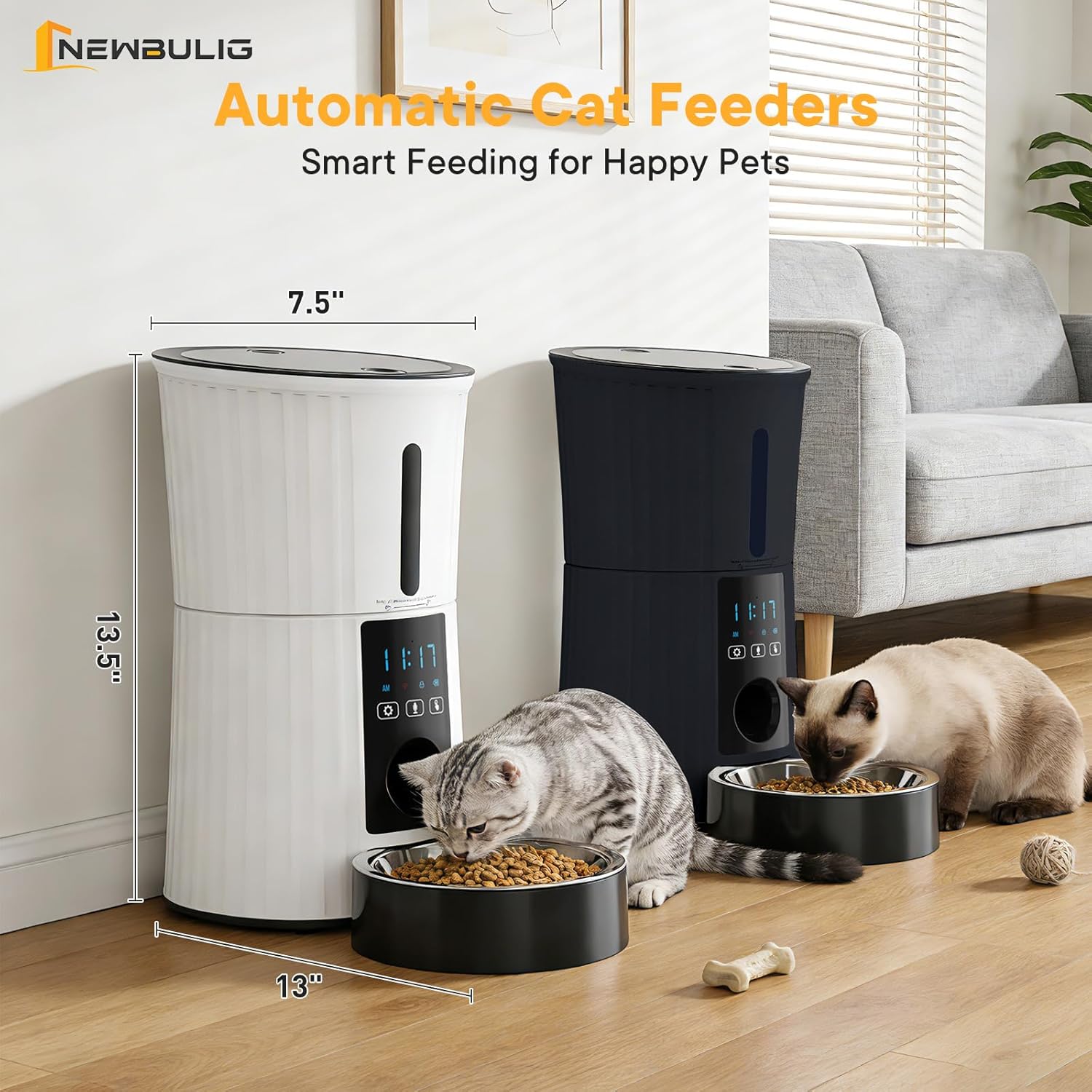 NEWBULIG Automatic Cat Feeder, 4L Timed Pet Feeders with 10s Voice Recorder, Dog Food Dispenser with APP Control, Dry Food, 10 Meals, Programmable 50 Portions, Dual Power Supply, Desiccant Bag - Image 2