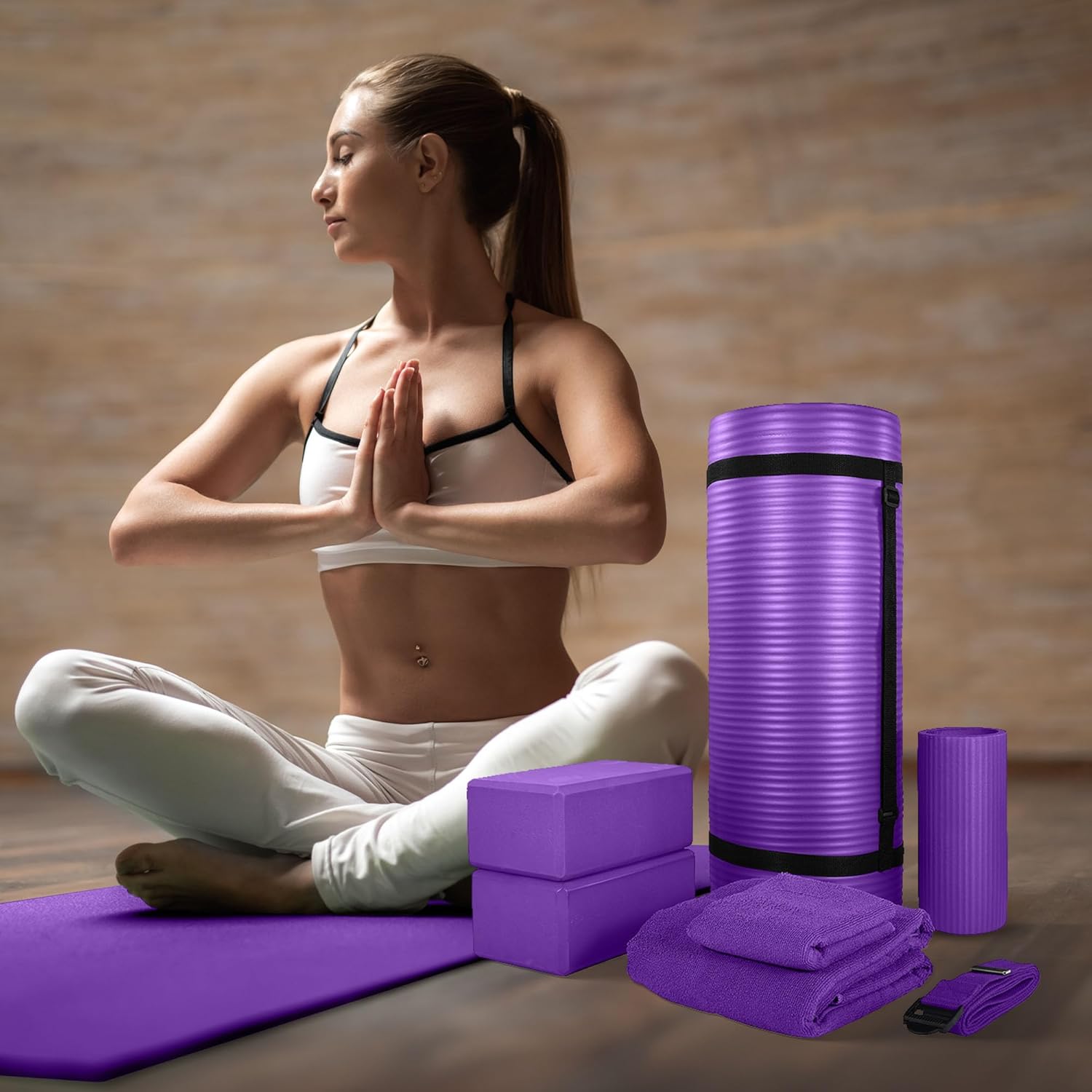 BalanceFrom 7-Piece Yoga Set with 71x24x1 Inches Extra Thick Mat and Carrying Sling – Includes 2 Blocks, Stretch Strap, 2 Towels, and Knee Pad for Home, Studio, and Gym Workouts - Image 5