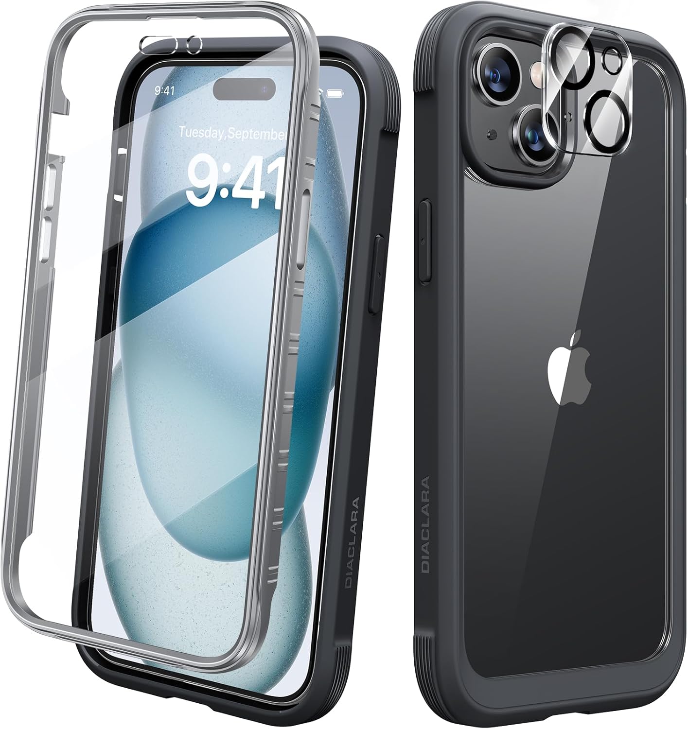 Diaclara Designed for iPhone 15 Case, Full Body Rugged Case with Built-in Touch Sensitive Anti-Scratch Screen Protector, with Camera Lens Protector for iPhone 15 6.1" (Black and Clear) | Full Body