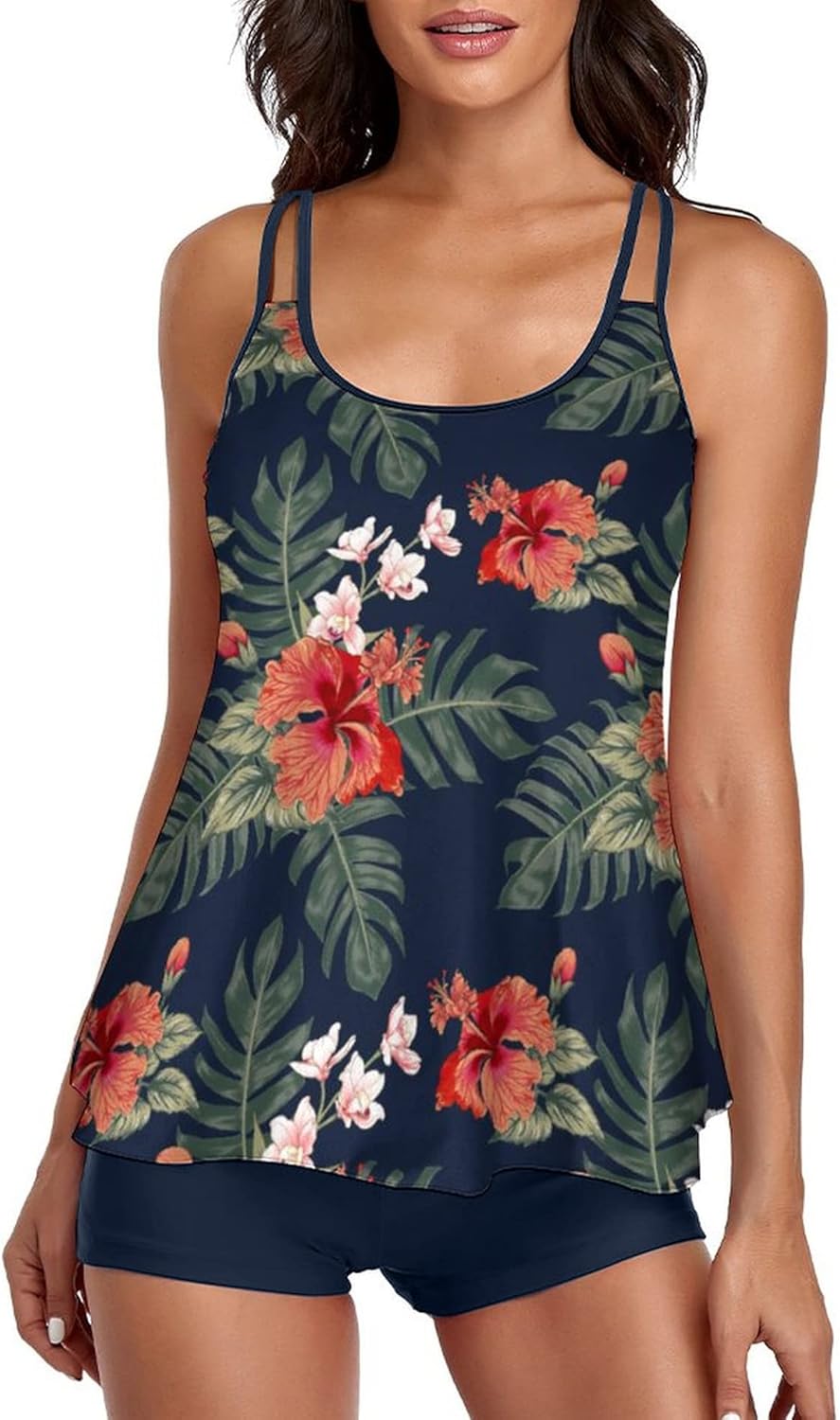 Urchics 2026 Women Two Piece Tankini Swimsuit Tummy Control Plus Size Long Torso Top and High Waisted Boyshorts Bathing Suits