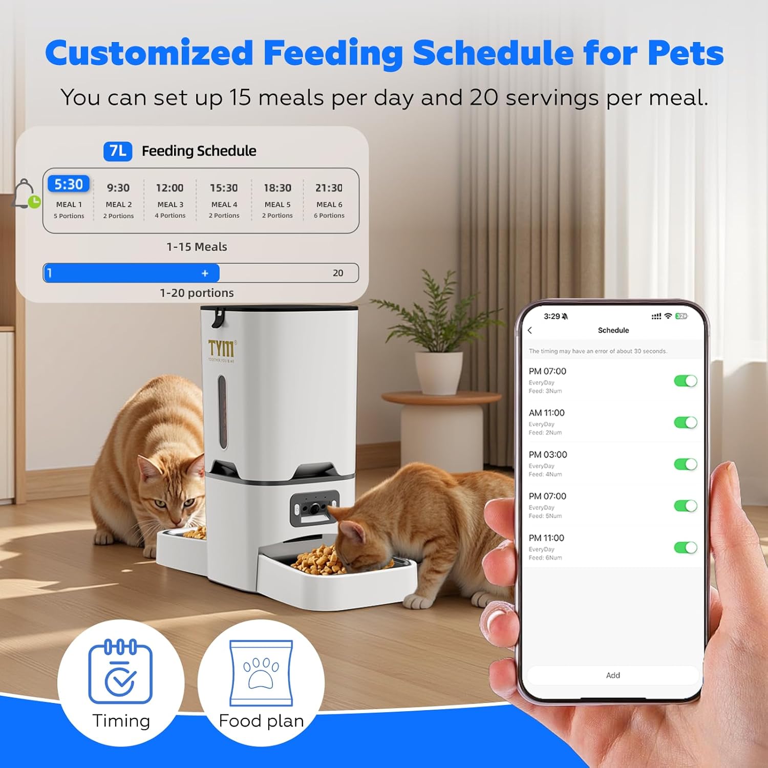 TYM Automatic Cat Feeder with 2 Camera for 2 Cats, 7L Dog Food Dispenser with Night Vision 2K 4MP, 5G WiFi Dual Auto Cat Feeder with Smart App for Multiple Cats & Small Dogs, Detachable for Clean - Image 3