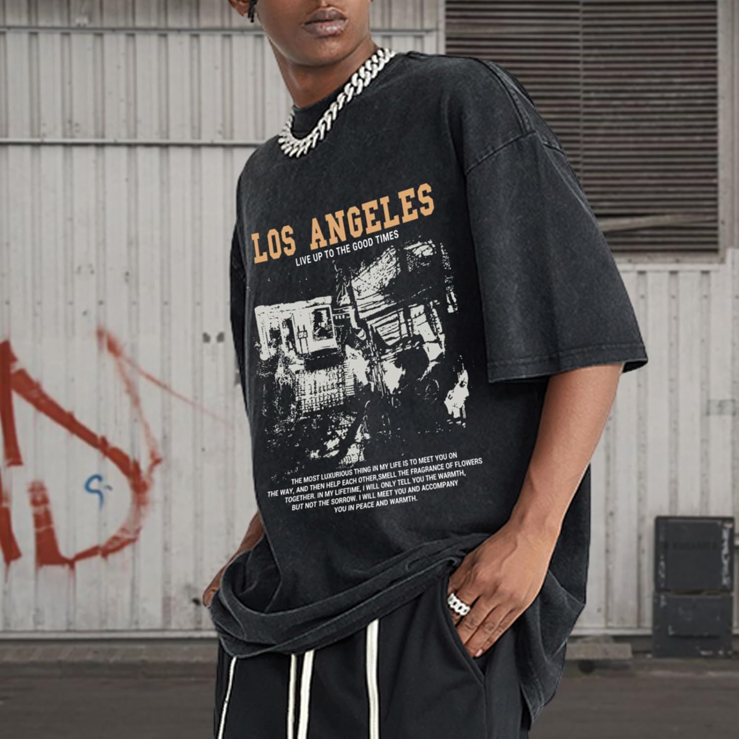 Pairxily Oversized Graphic Tshirts for Men Acid Wash Los Angeles Vintage Tees Streetwear Baggy Cotton Shirts Casual Tops - Image 4