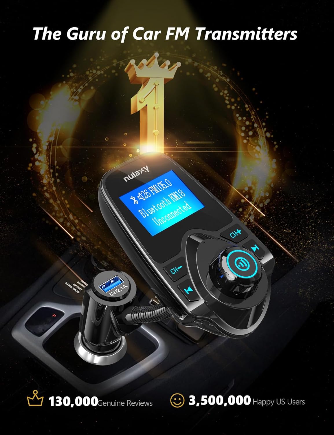 Nulaxy KM18 Bluetooth 5.4 Car Adapter with 1.44" Clear Display & Flexible Gooseneck - FM Radio Transmitter & Bluetooth Receiver for Hands-Free Calls, Wireless Music via BT/FM/AUX/TF, USB Car Charger - Image 2