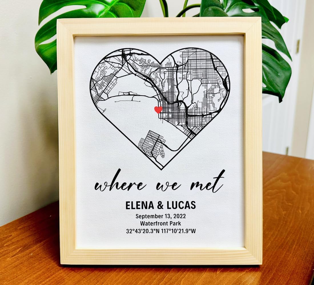 Custom Map Heart Design Framed Canvas - Where We Met Personalized Couple Gift Cotton Sheet with Frame Couple Map Framed Wooden Love Frame, Valentines Day (Heart Custom - B&W) - Image 7