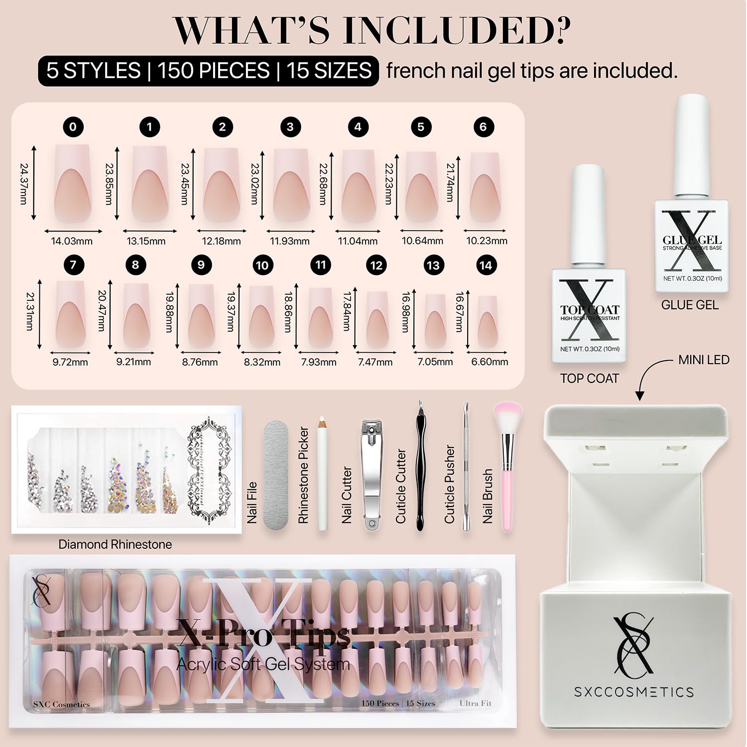 SXC Cosmetics French Tip Press On Nails - Skin Tone Nude and Color Series, Medium Square X-Pro Tips Starter Kit ST117KIT - Image 4