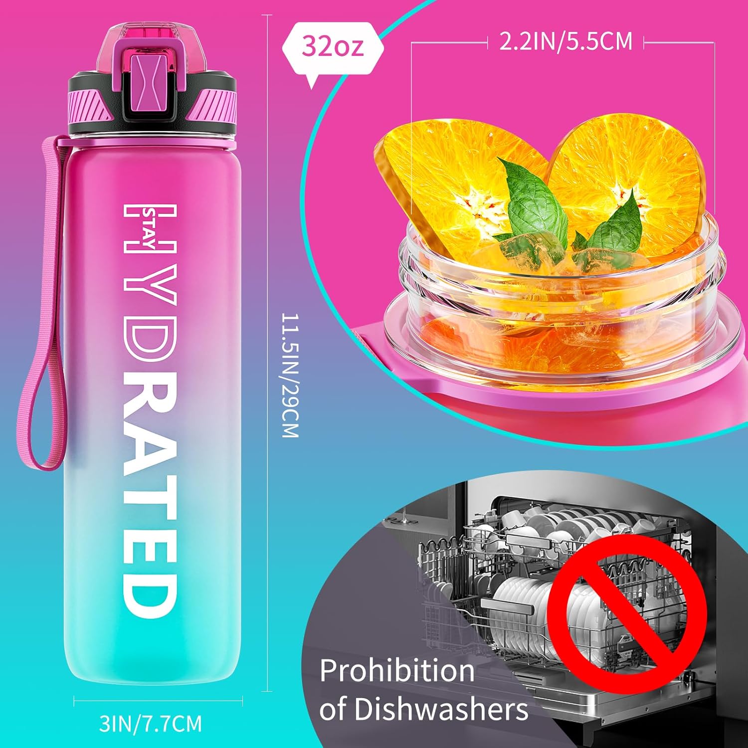 Water Bottle with Straw, 32oz Motivational Water Bottles with Time Marker to Drink, Tritan BPA Free, 1L Sports Water Bottle with Carry Strap LeakProof for Women Gym Fitness Outdoor (1 Pack) - Image 6