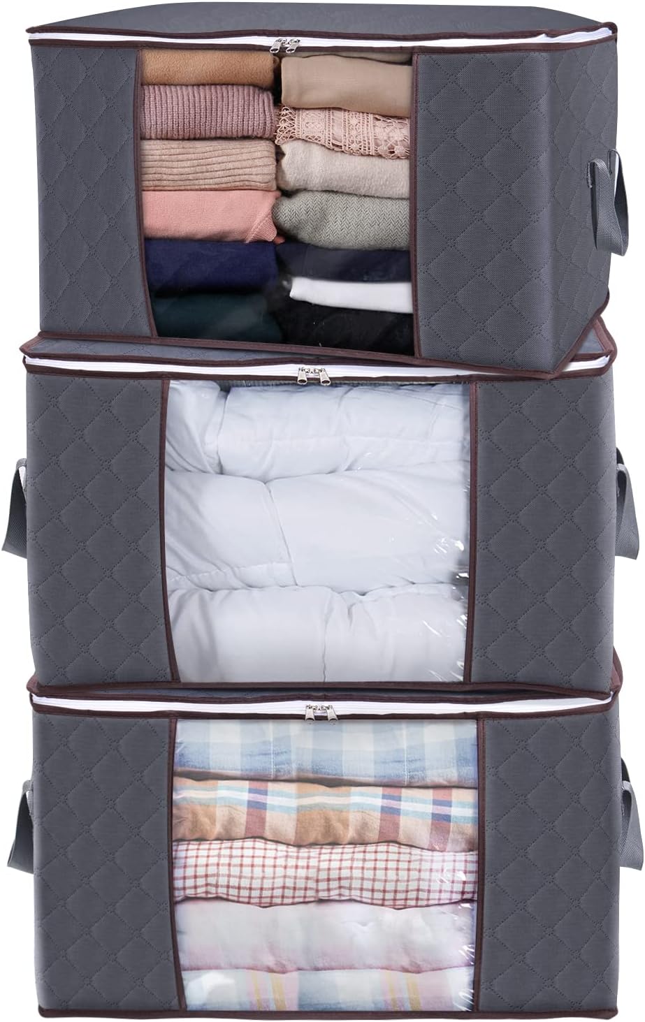 Lifewit 3 Pack 90L Clothes Storage Bins with Lids, Foldable Blanket Storage Bags with Zippers, Clear Window and Reinforced Handles, Closet and Organization for Clothing, Sweater, Comforter, Bedding