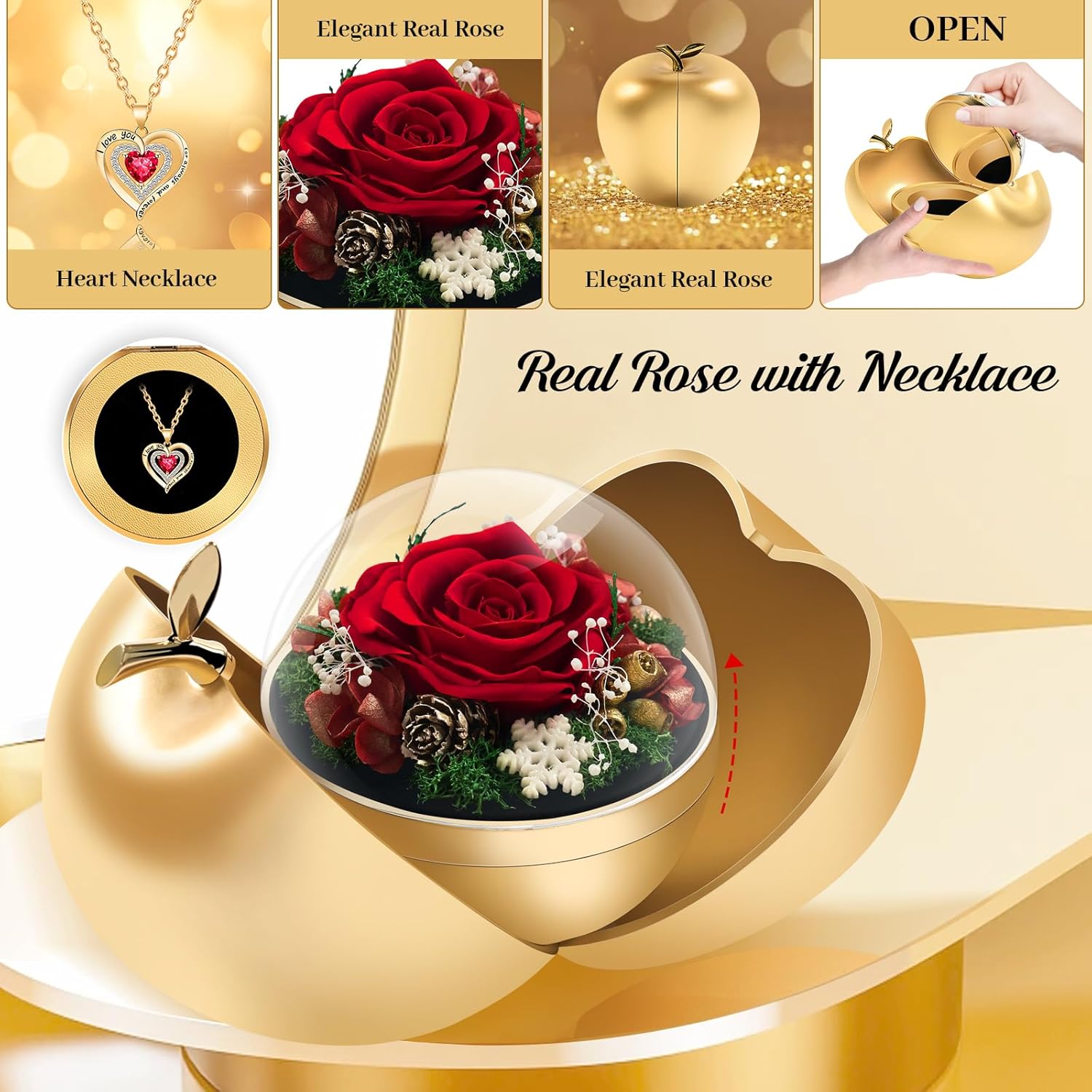 Preserved Roses Forever Flowers Mother's Day Heart Necklace Gifts for Birthday Mom Her Wife Girlfriend Grandma on Valentines Christmas Anniversary Romantic-Red - Image 2