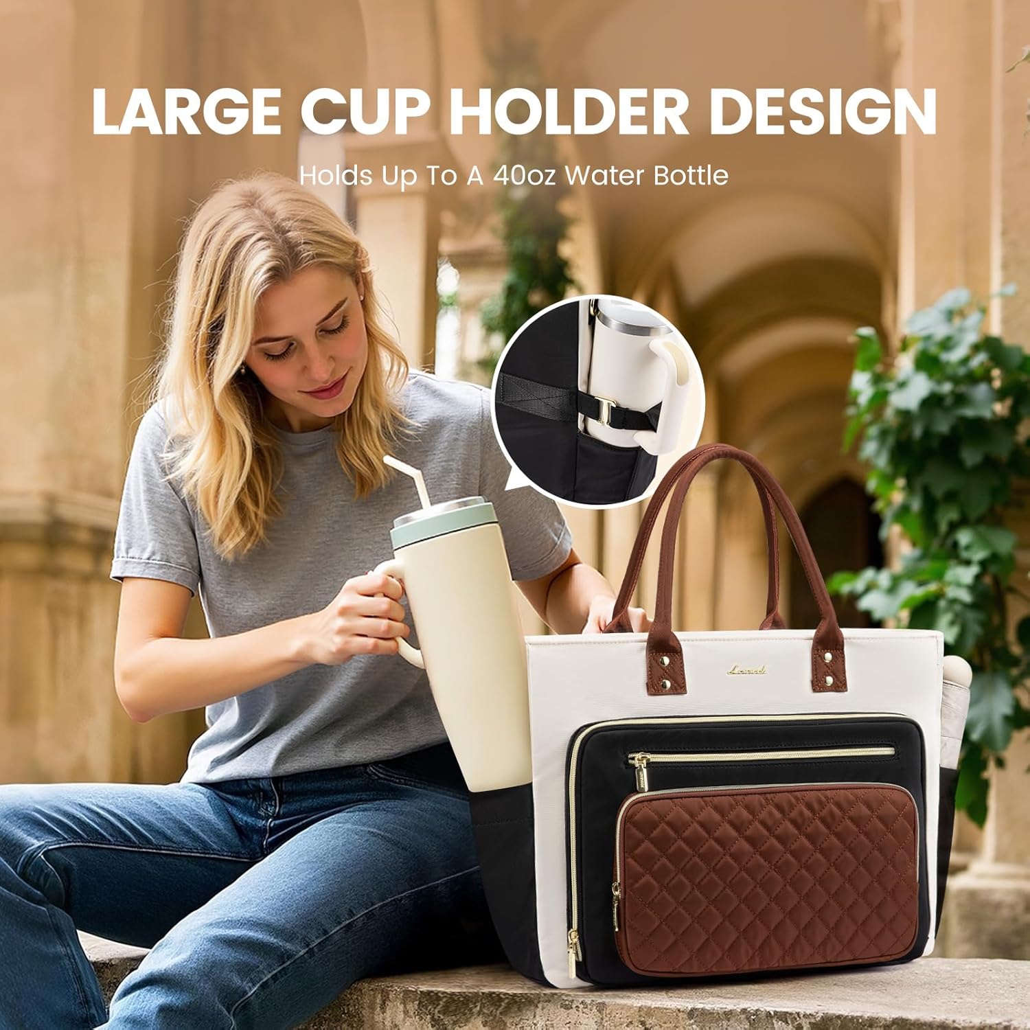 LOVEVOOK Teacher Tote Bag for Women Work, Laptop Bag With Large Cup Holder, Nurse Bags Professional Briefcase Business Computer Purses Bible Handbag Gifts, Black-Beige-Brown, 15.6 Inch - Image 3