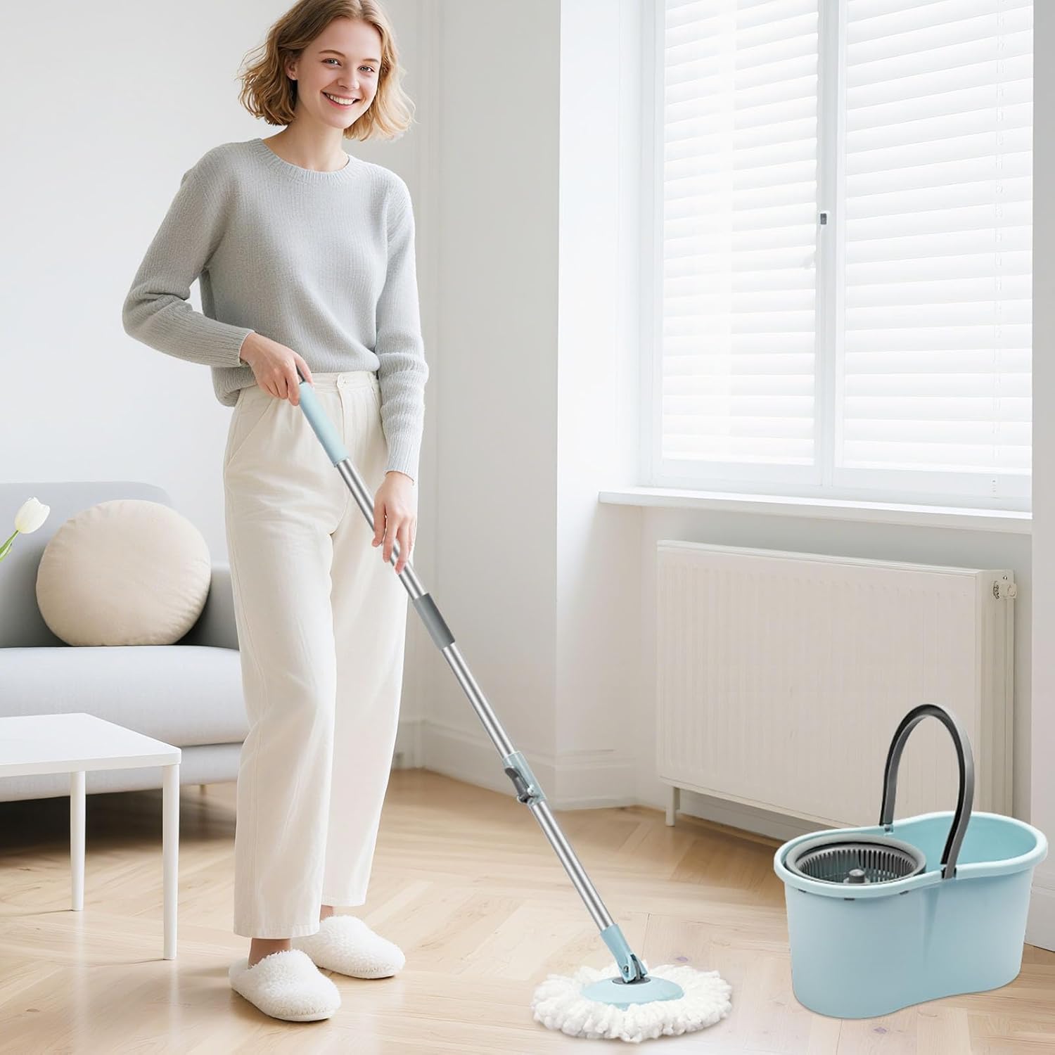 Spin Mop and Bucket with Wringer Set, 360° Spinning Mop Bucket System with 3 Microfiber Mop Replacement Heads and 50" Stainless Steel Adjustable Handle for Floor Cleaning - Image 7