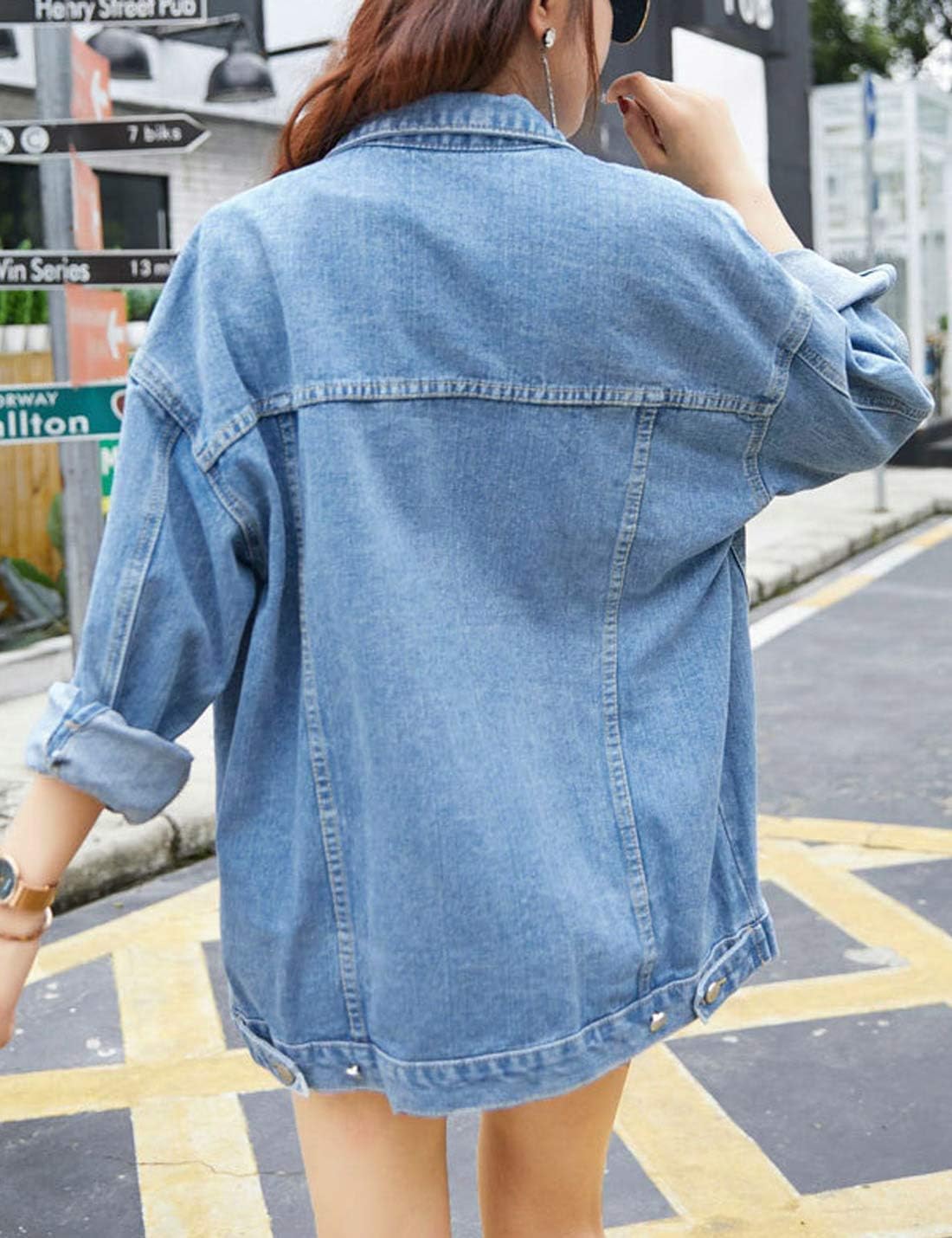Omoone Women's Oversized Mid Long Denim Jacket Jean Biker Coat - Image 7